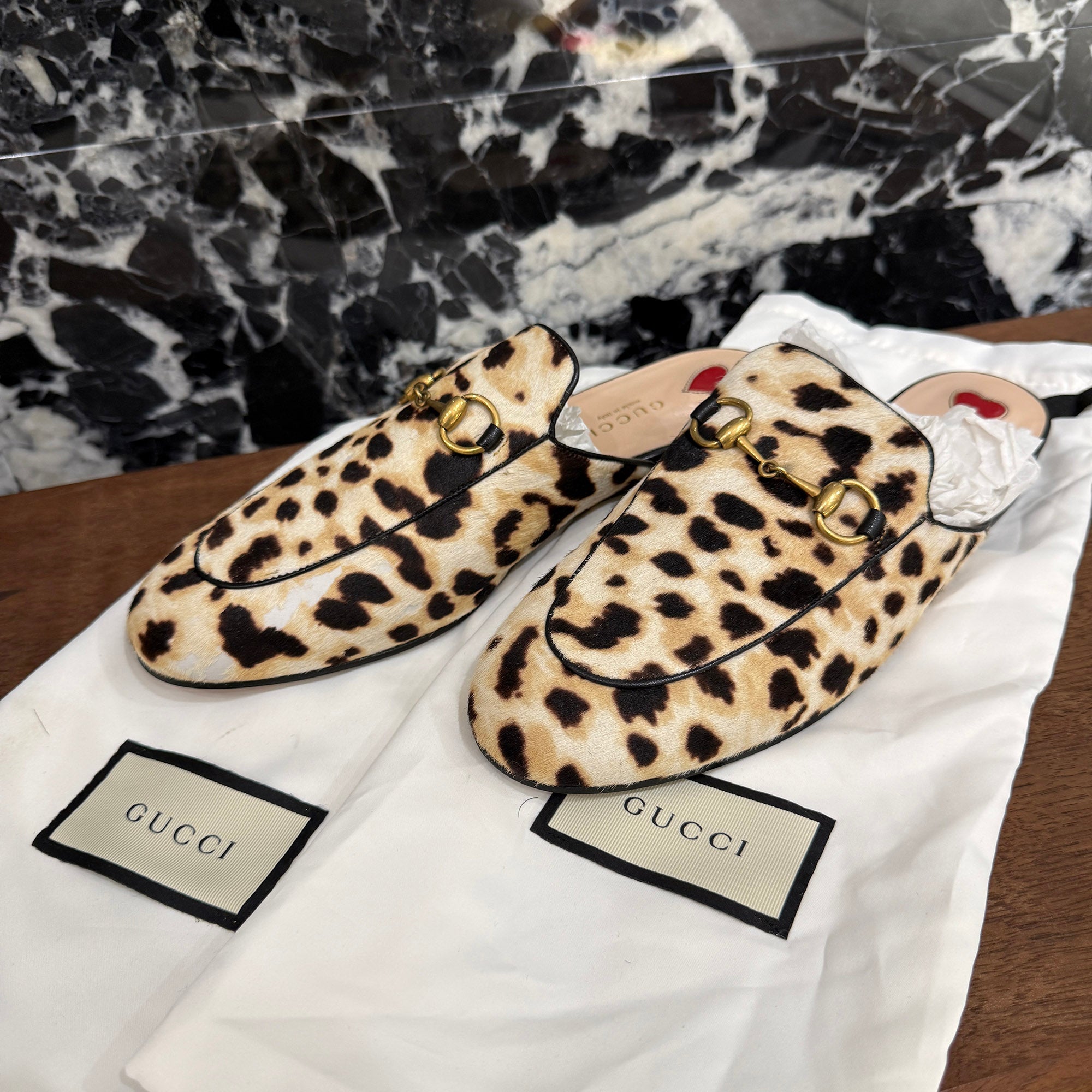 GUCCI Leopard Harako Leather Princetown Mule 476250 Size 37(24.0cm