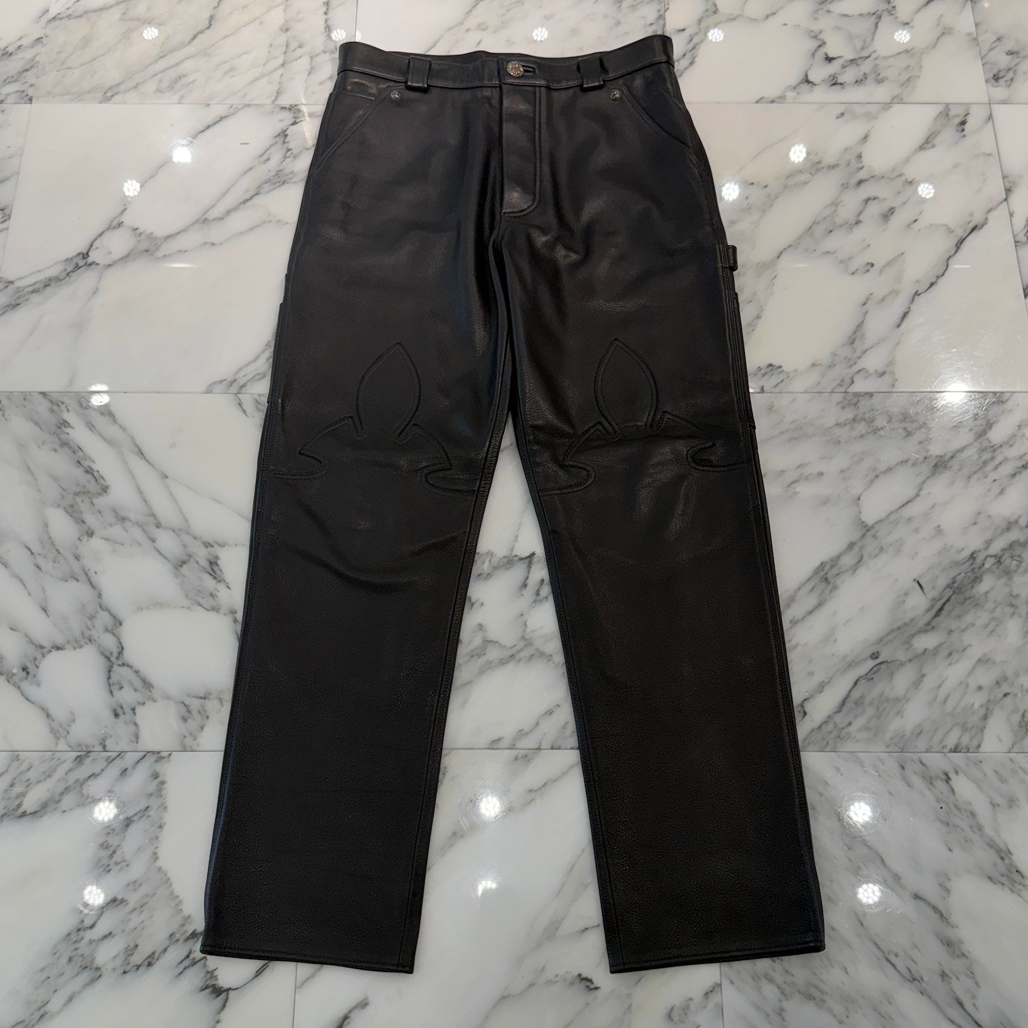 CHROME HEARTS Flare Knee Cross Ball Button Leather Pants Size 32 クロムハーツ フレアニー クロスボールボタン レザーパンツ サイズ32