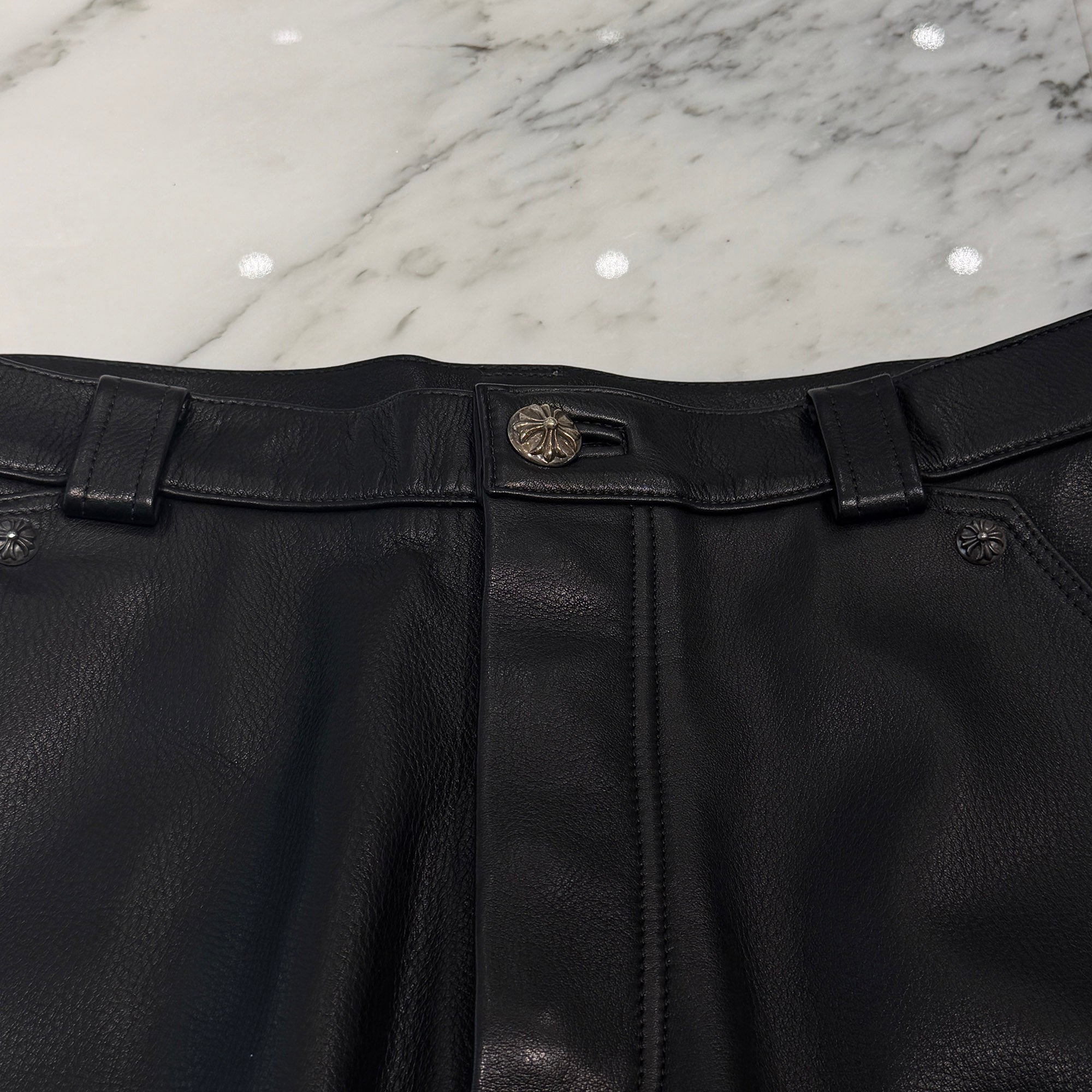 CHROME HEARTS Flare Knee Cross Ball Button Leather Pants Size 32