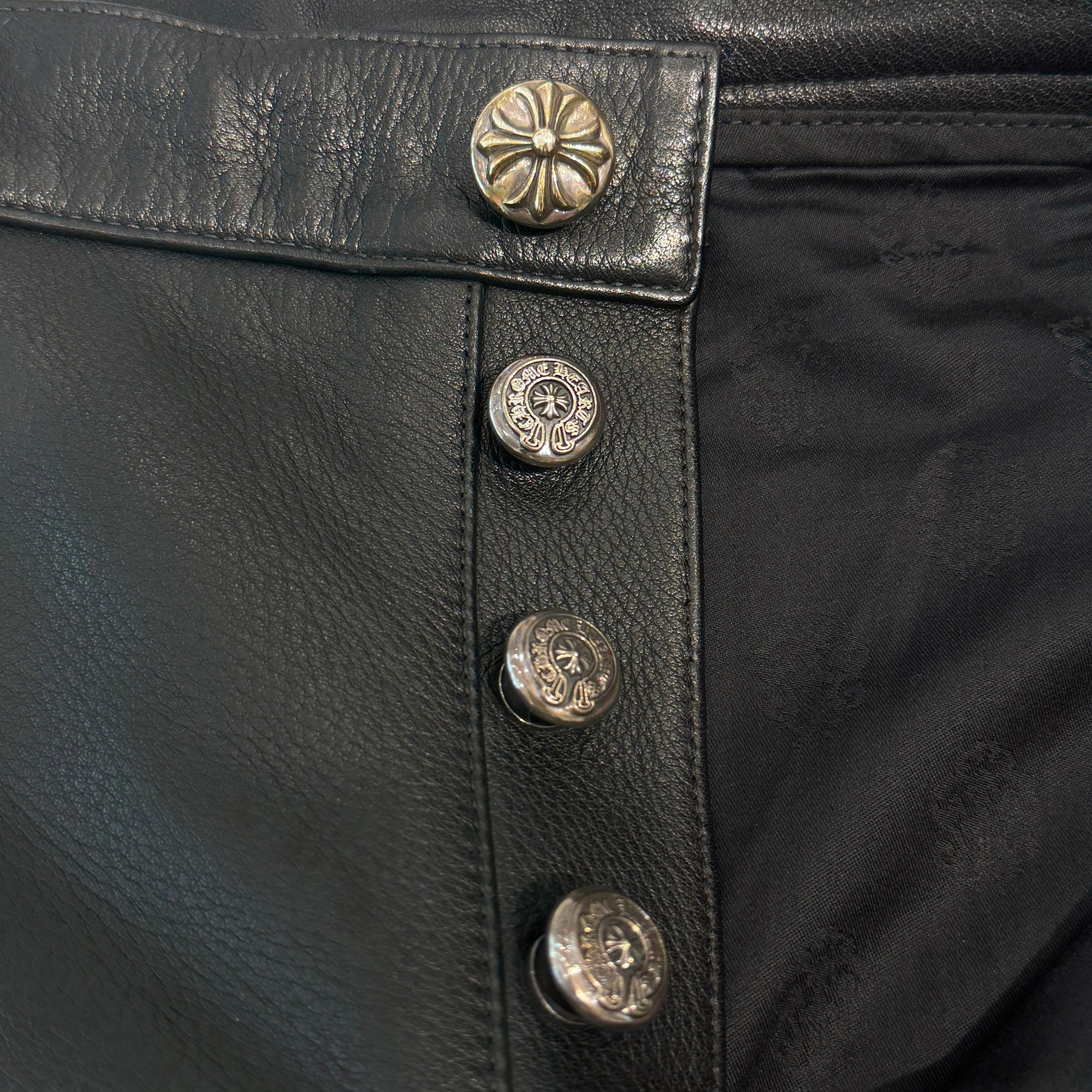 CHROME HEARTS Flare Knee Cross Ball Button Leather Pants Size 32 クロムハーツ フレアニー クロスボールボタン レザーパンツ サイズ32