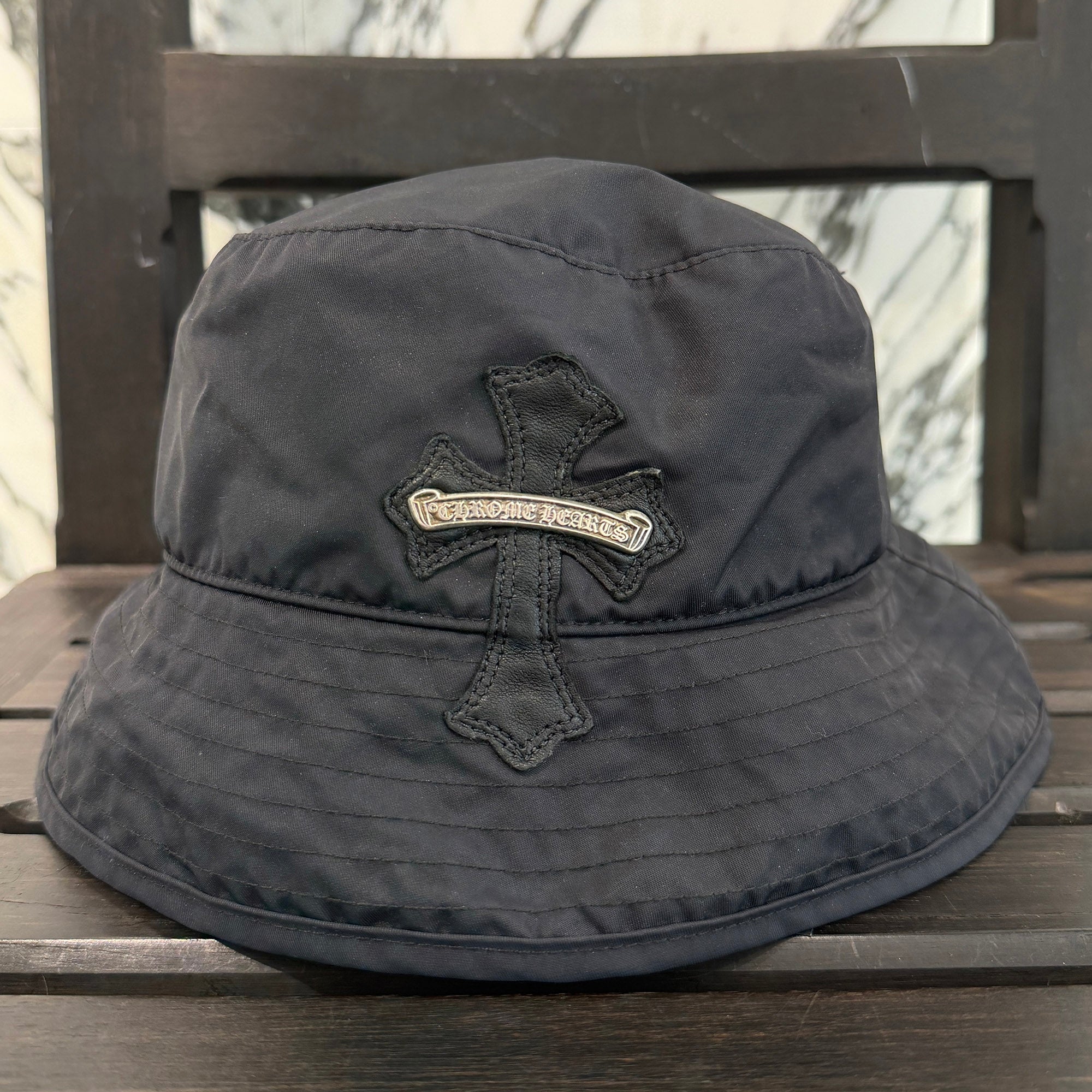CHROME HEARTS 1 Cross Leather Patch Nylon Bucket Hat Size L (60.5cm) クロムハーツ 1クロス レザーパッチ ナイロン バケットハット サイズL (60.5cm)