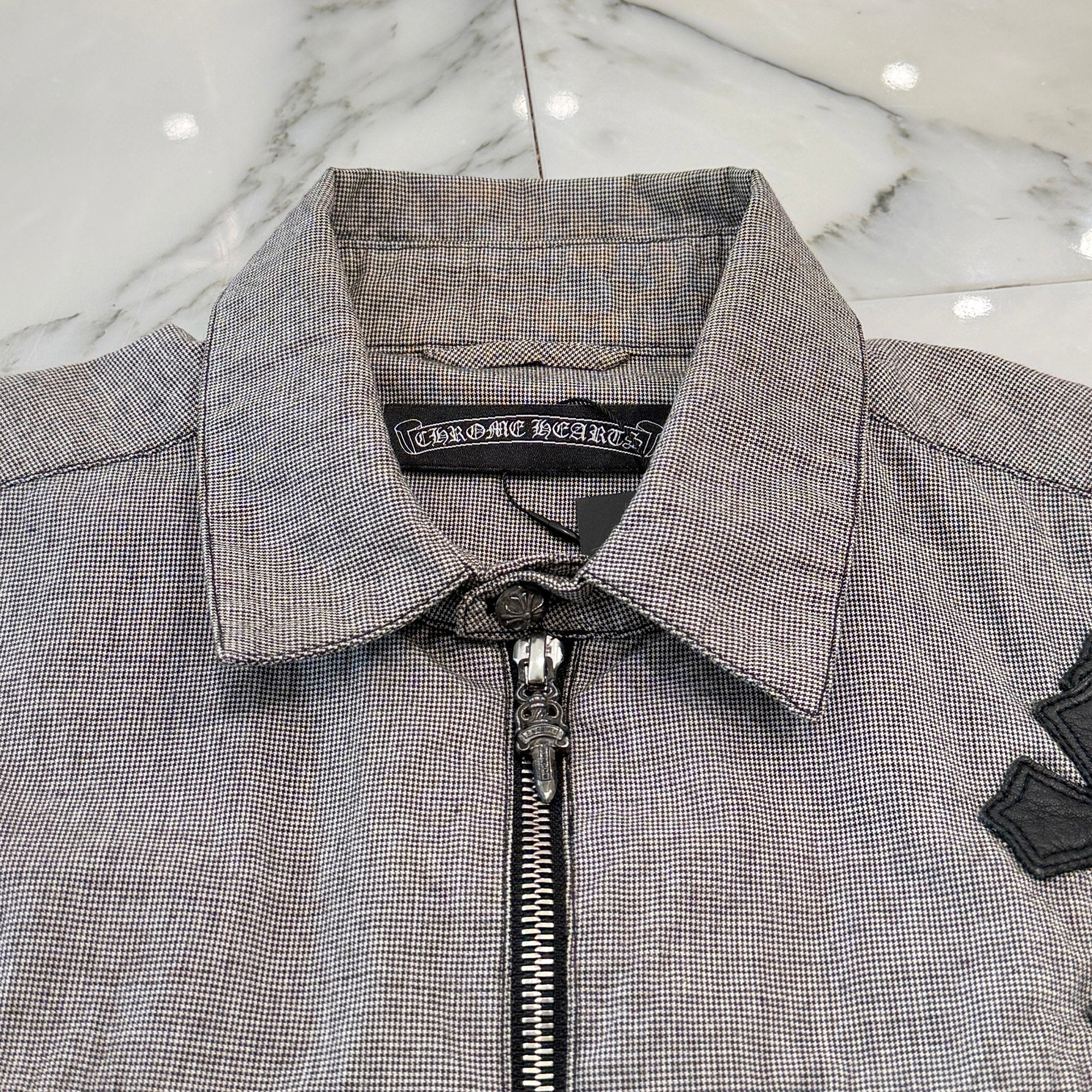 CHROME HEARTS Cross Leather Patch Houndstooth Half Zip Short Sleeve Shirt Size M クロムハーツ クロスレザーパッチ 千鳥格子柄 ハーフジップ 半袖シャツ サイズM