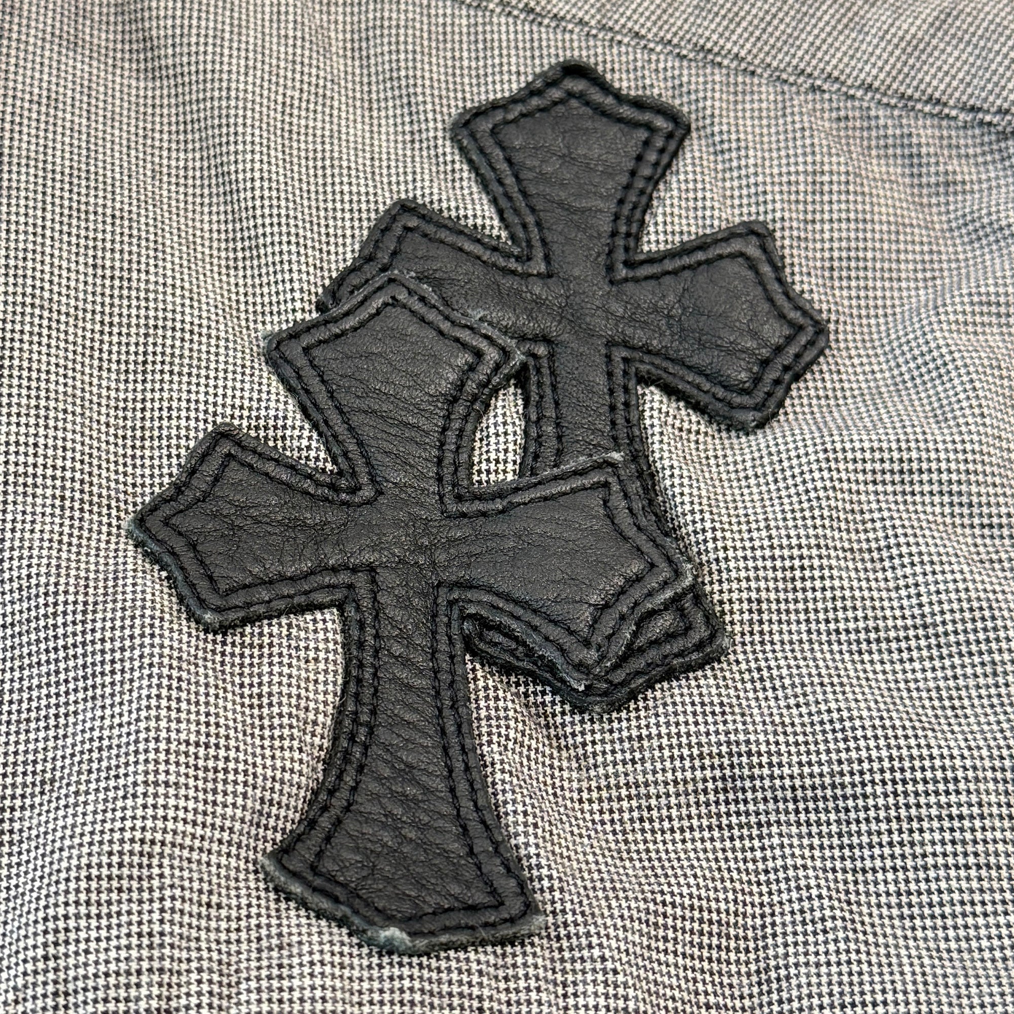 CHROME HEARTS Cross Leather Patch Houndstooth Half Zip Short Sleeve Shirt Size M クロムハーツ クロスレザーパッチ 千鳥格子柄 ハーフジップ 半袖シャツ サイズM