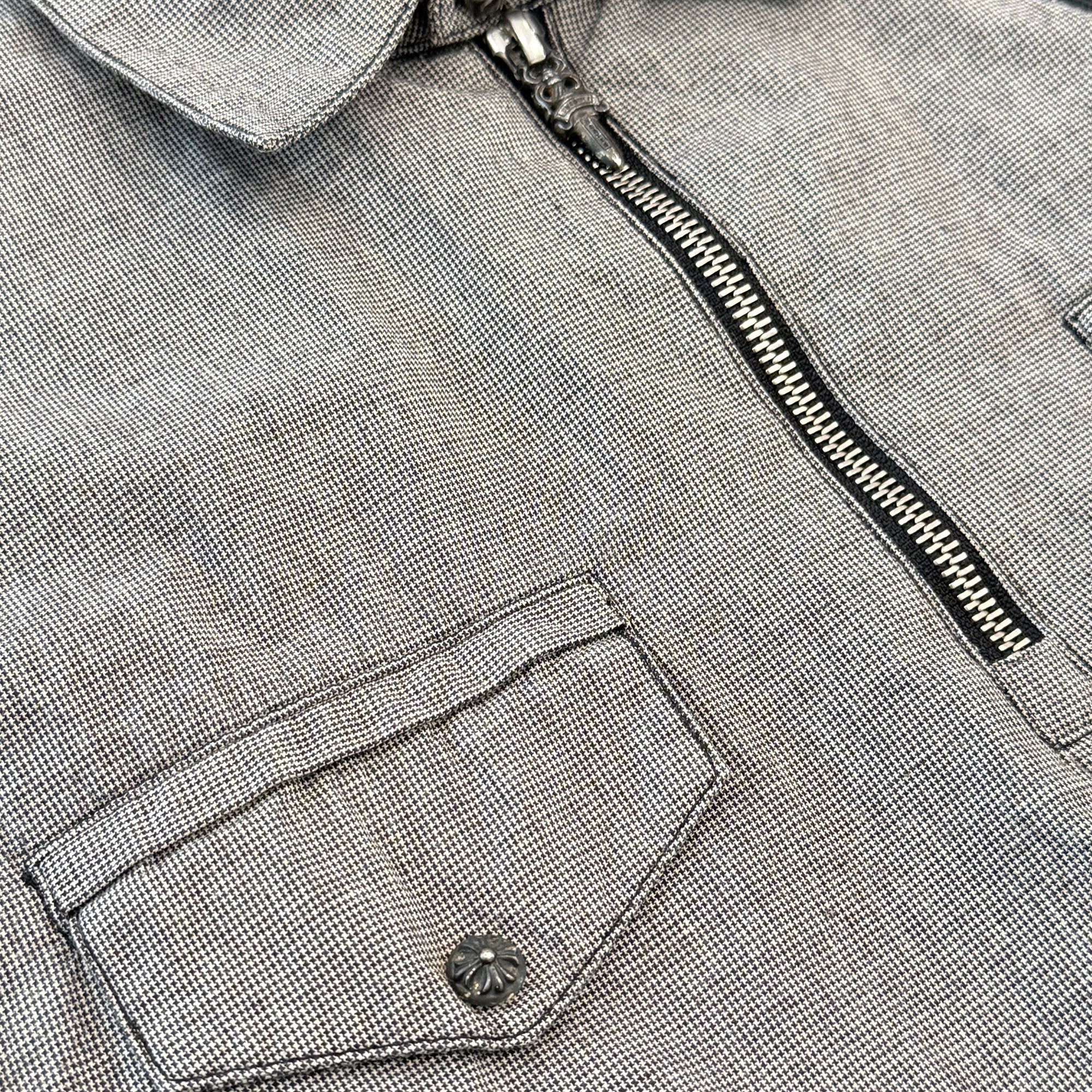 CHROME HEARTS Cross Leather Patch Houndstooth Half Zip Short Sleeve Shirt Size M クロムハーツ クロスレザーパッチ 千鳥格子柄 ハーフジップ 半袖シャツ サイズM