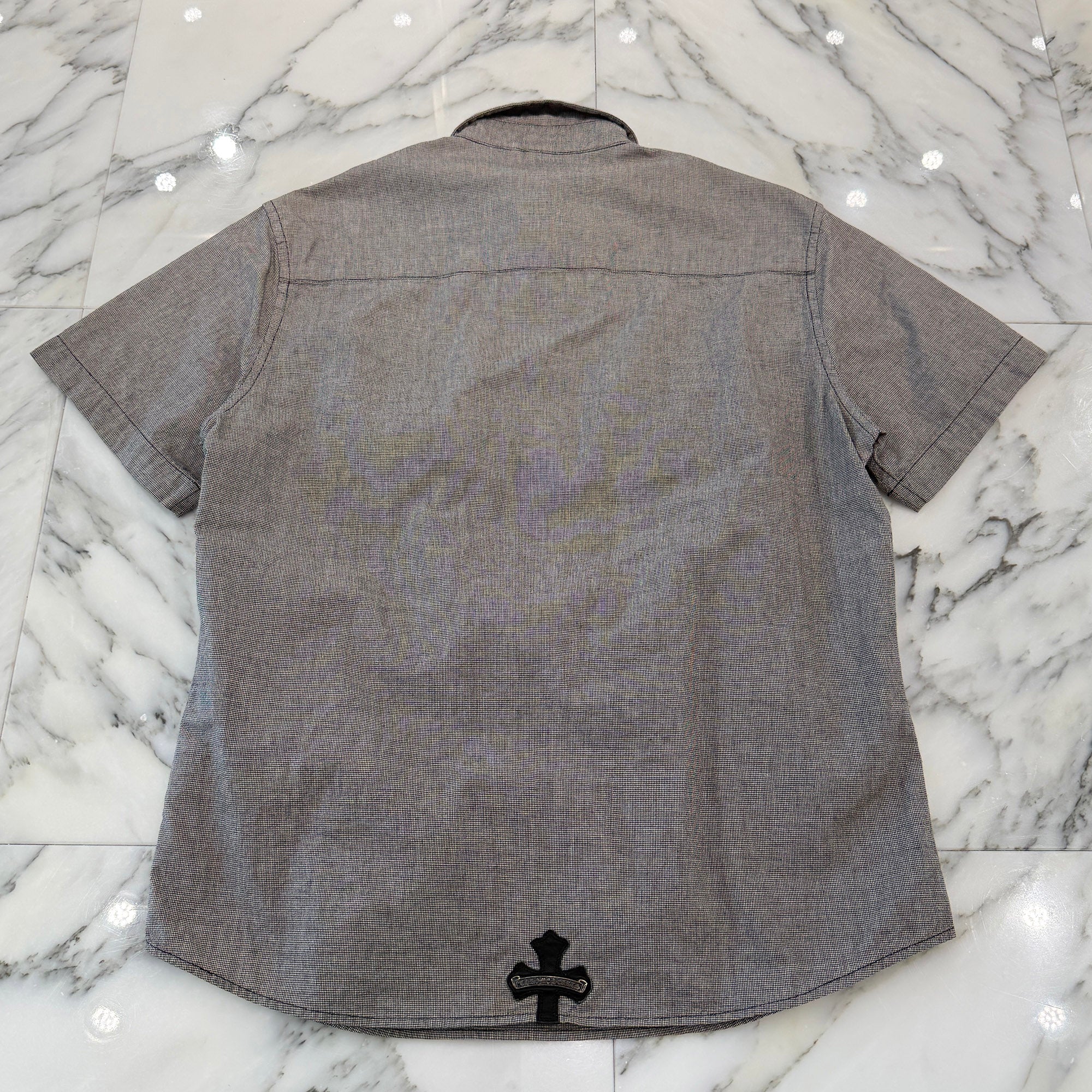 CHROME HEARTS Cross Leather Patch Houndstooth Half Zip Short Sleeve Shirt Size M クロムハーツ クロスレザーパッチ 千鳥格子柄 ハーフジップ 半袖シャツ サイズM