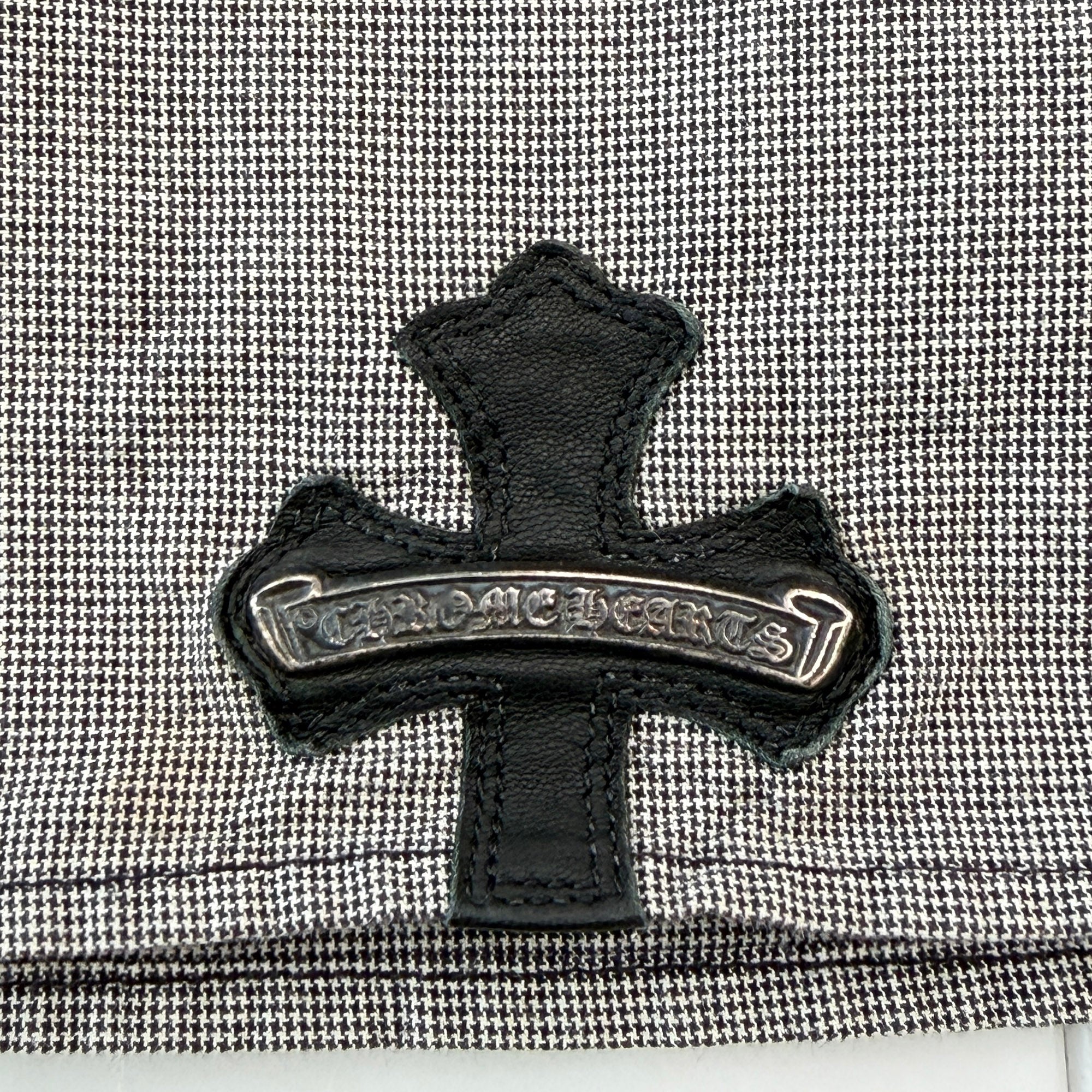 CHROME HEARTS Cross Leather Patch Houndstooth Half Zip Short Sleeve Shirt Size M クロムハーツ クロスレザーパッチ 千鳥格子柄 ハーフジップ 半袖シャツ サイズM