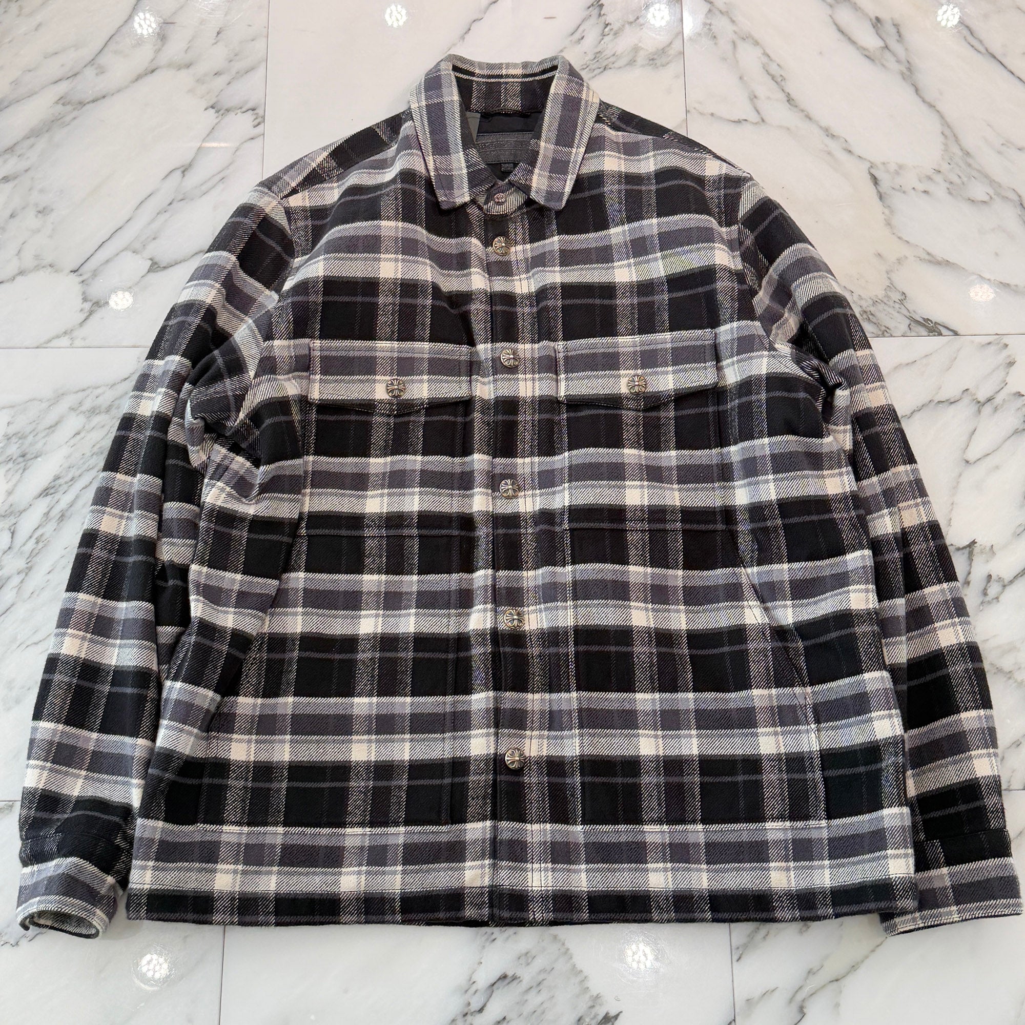 CHROME HEARTS Y NOT WORK DOG Cross Ball Button Check Shirt Jacket Size L クロムハーツ ワイノット ワークドッグ クロスボールボタン チェック シャツ ジャケット サイズL
