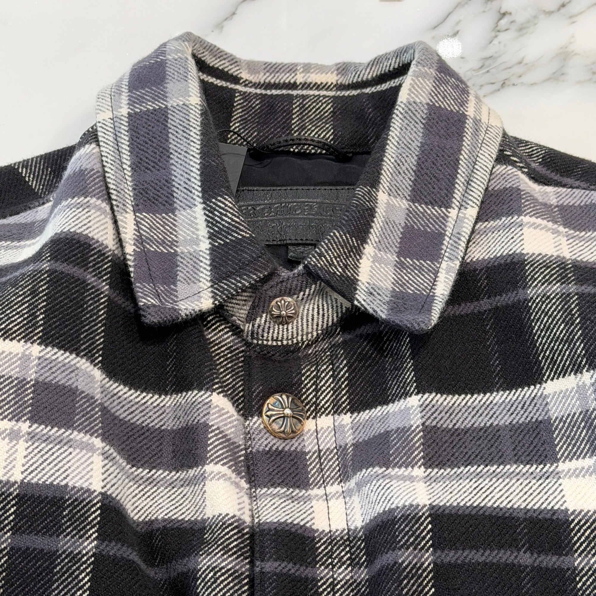 CHROME HEARTS Y NOT WORK DOG Cross Ball Button Check Shirt Jacket Size L クロムハーツ ワイノット ワークドッグ クロスボールボタン チェック シャツ ジャケット サイズL