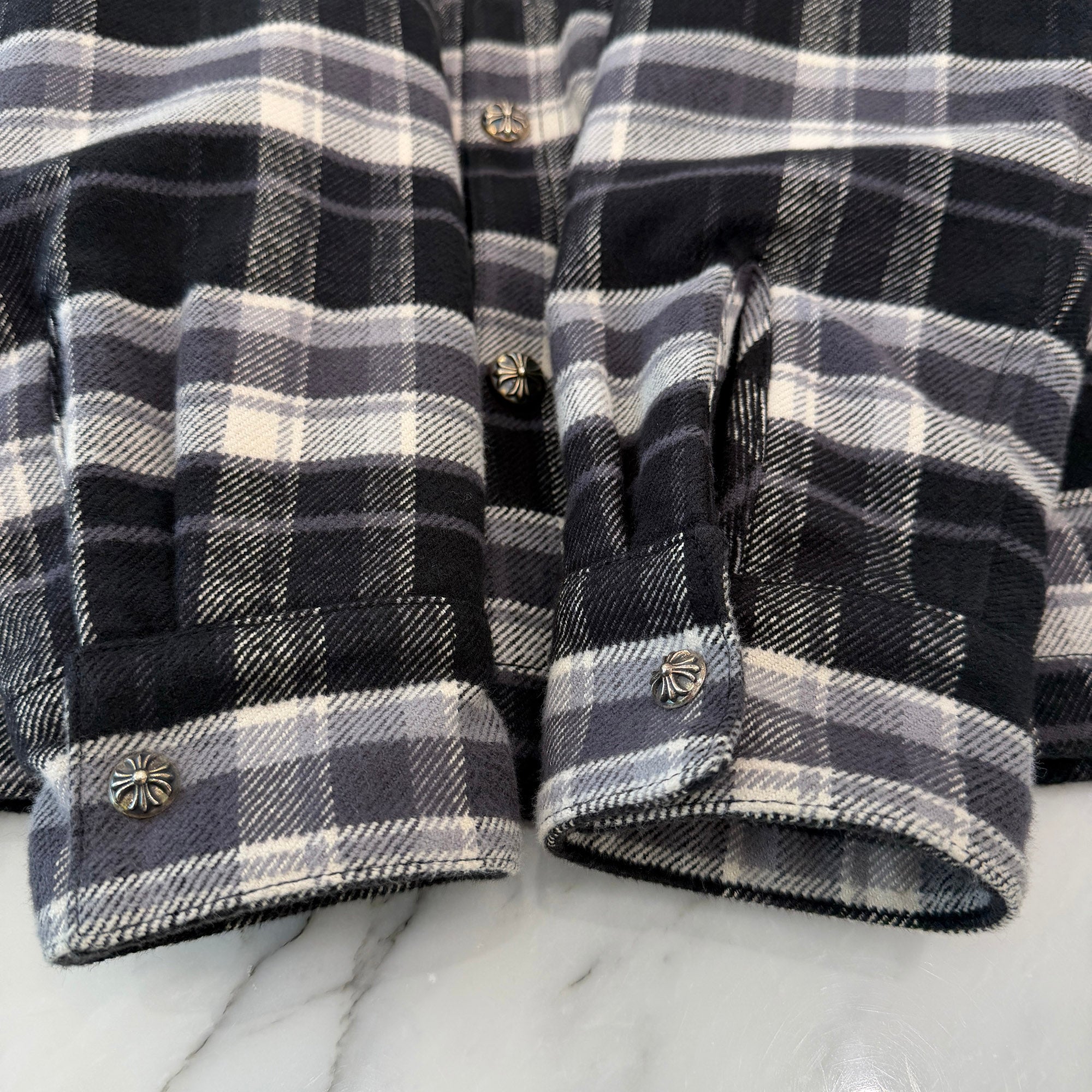 CHROME HEARTS Y NOT WORK DOG Cross Ball Button Check Shirt Jacket Size L クロムハーツ ワイノット ワークドッグ クロスボールボタン チェック シャツ ジャケット サイズL