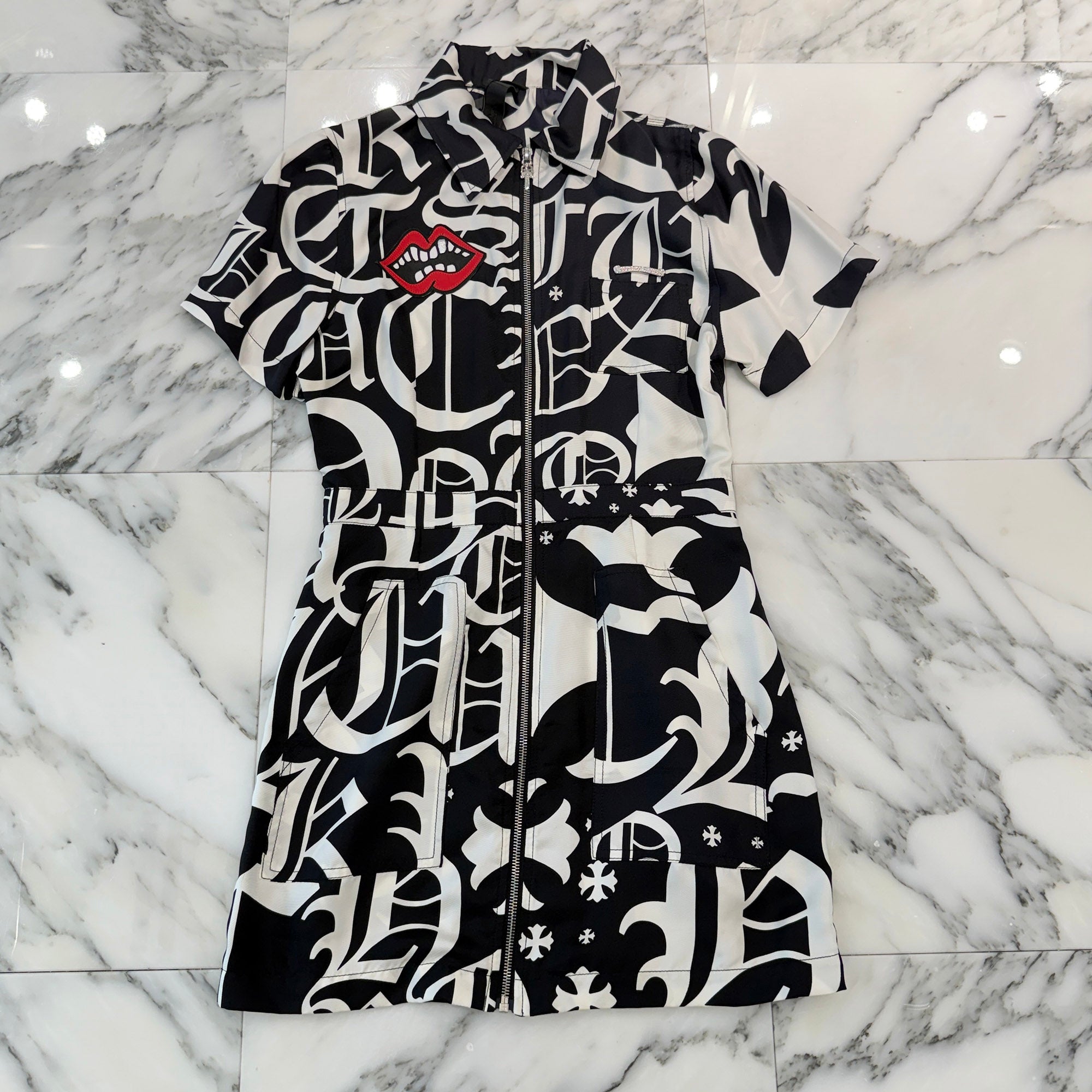 CHROME HEARTS × MATTY BOY Y NOT Chomper Leather Patch Pattern Zip Up Mini Dress Size S クロムハーツ×マッティボーイ ワイノット チョンパー レザー パッチ 総柄 ジップアップ ミニドレス サイズS