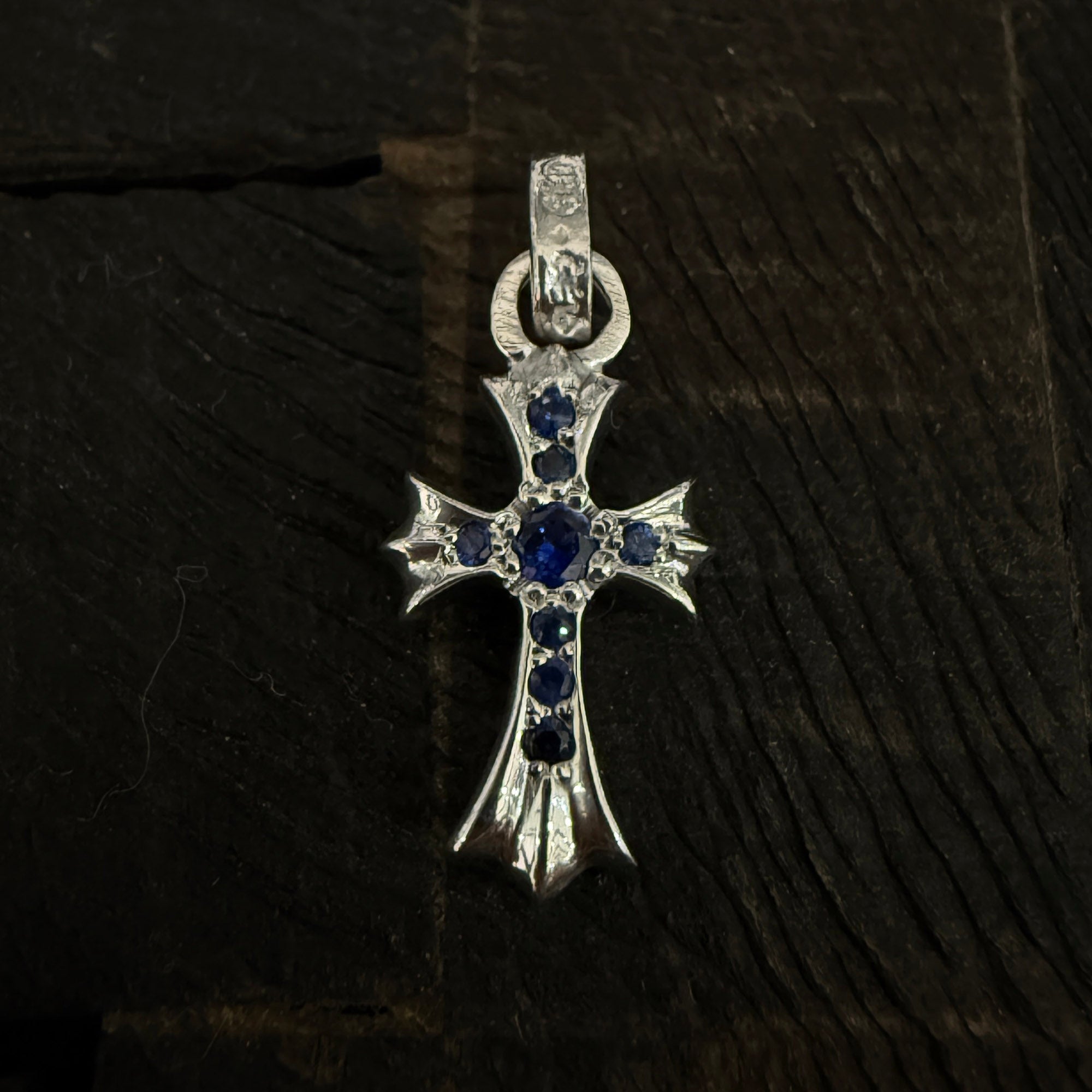 CHROME HEARTS 18K WG CH Cross Baby Fat Charm Pave Blue Sapphire クロムハーツ 18K WG CHクロス ベビーファット チャーム パヴェブルーサファイア