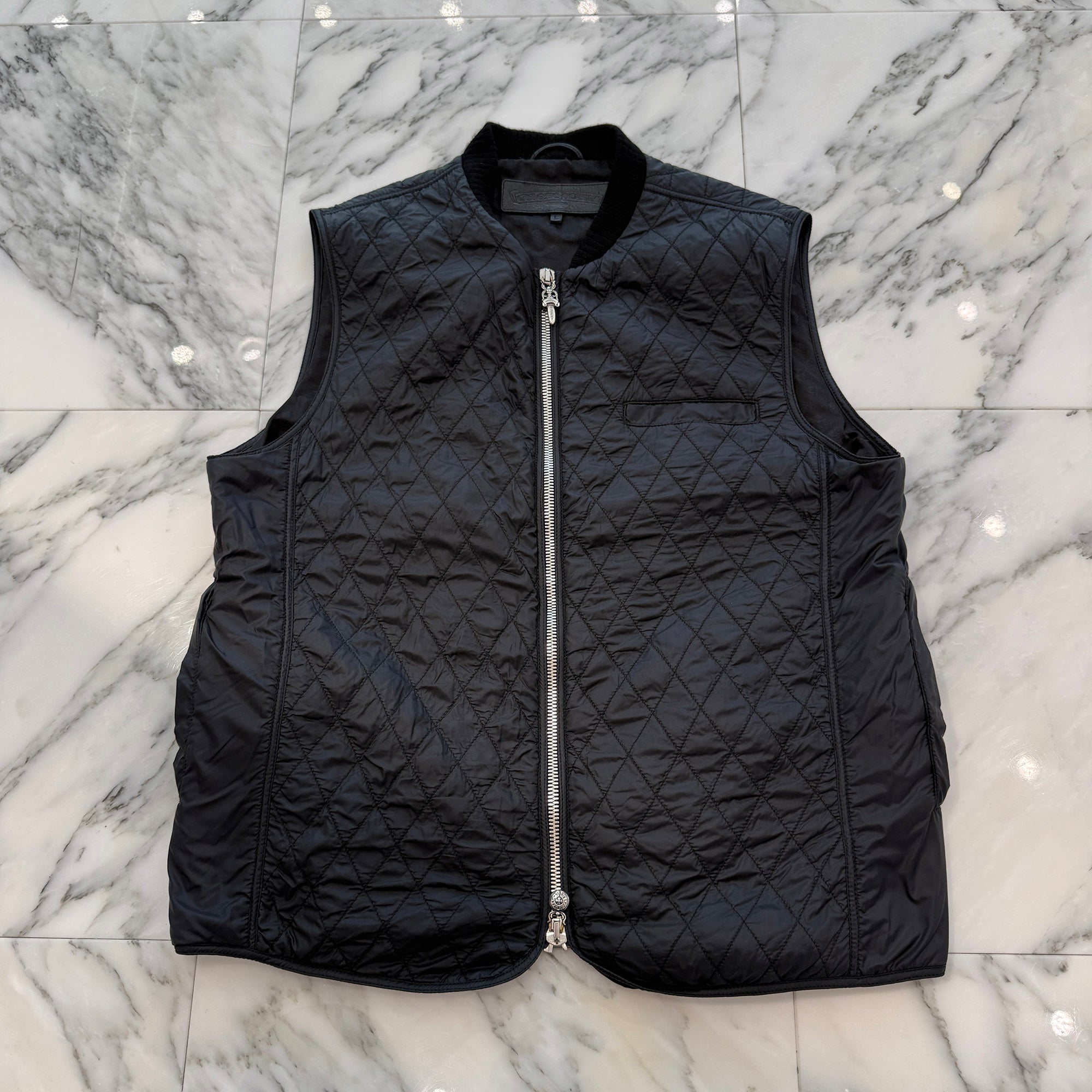 CHROME HEARTS Papa Leather Cross Patch Quilting Vest Size L クロムハーツ パパ レザークロスパッチ ベスト サイズL