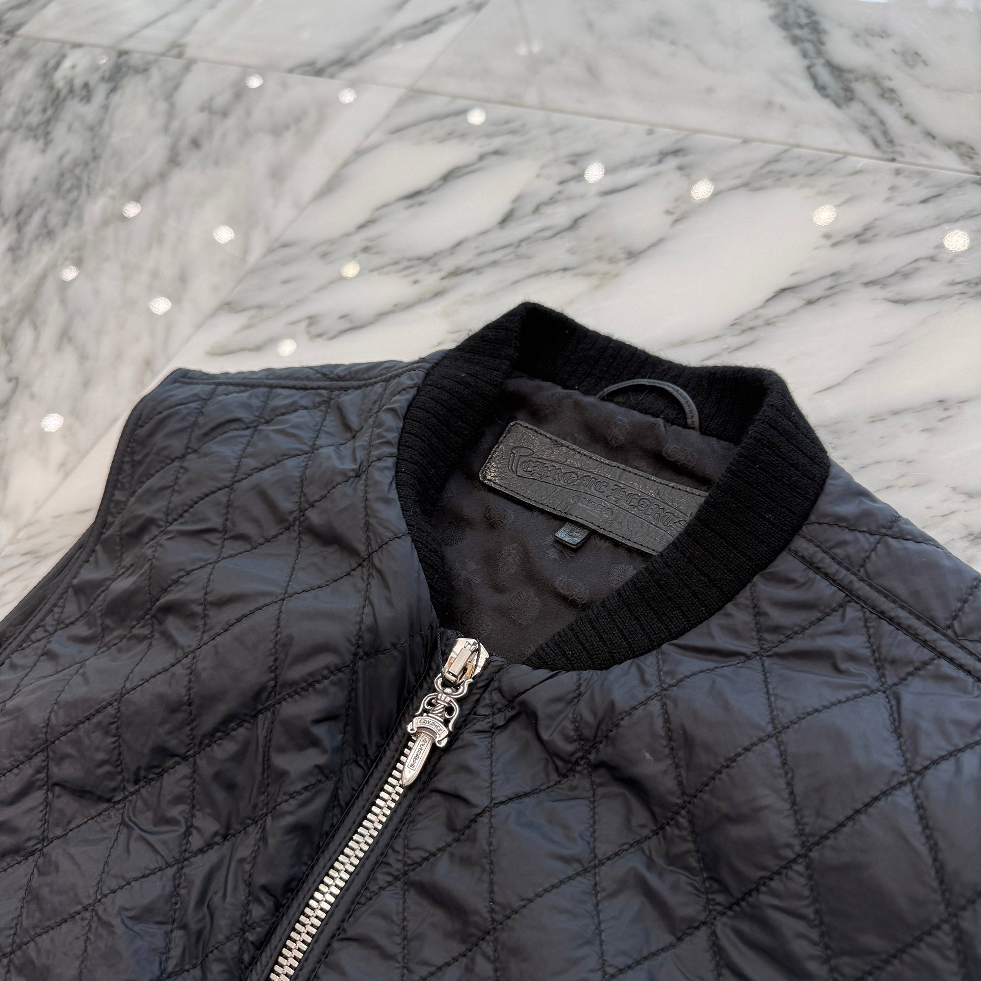 CHROME HEARTS Papa Leather Cross Patch Quilting Vest Size L クロムハーツ パパ レザークロスパッチ ベスト サイズL