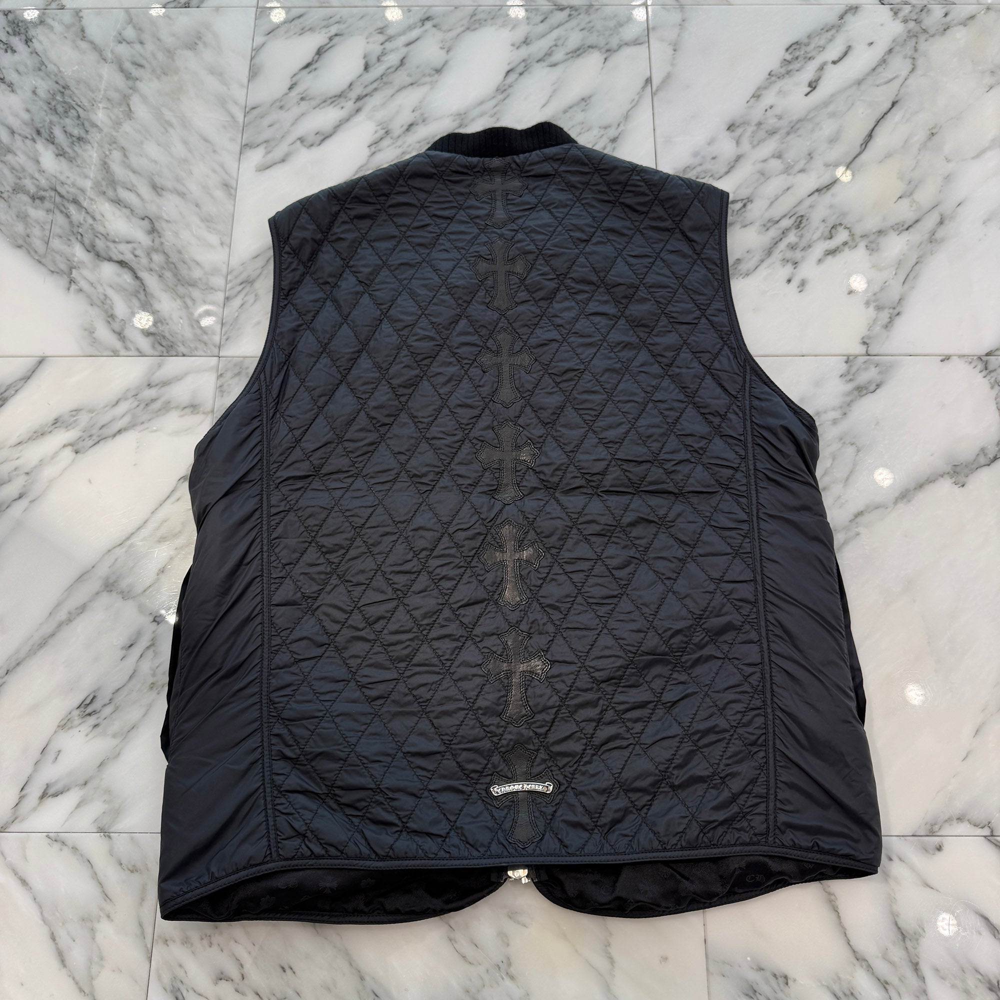 CHROME HEARTS Papa Leather Cross Patch Quilting Vest Size L クロムハーツ パパ レザークロスパッチ ベスト サイズL