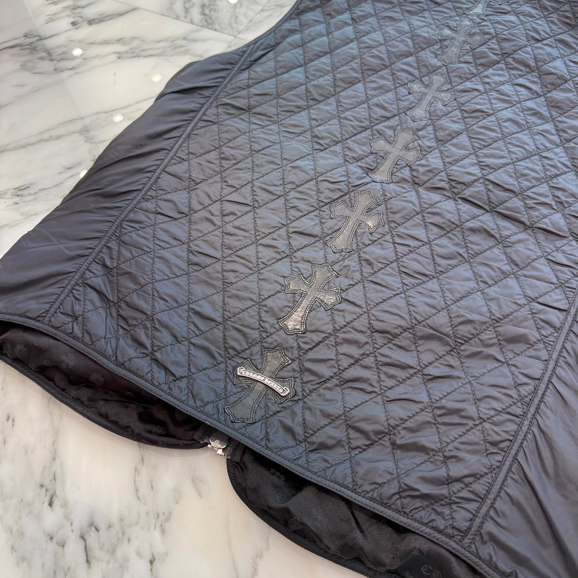 CHROME HEARTS Papa Leather Cross Patch Quilting Vest Size L クロムハーツ パパ レザークロスパッチ ベスト サイズL