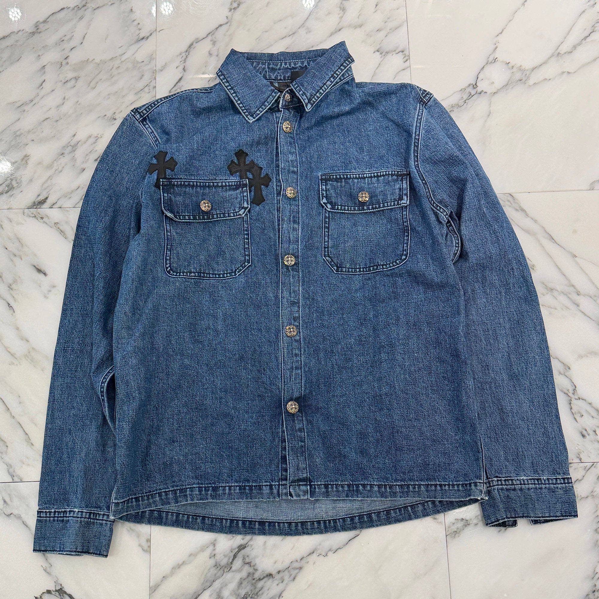 CHROME HEARTS Y NOT Leather Cross Patch Denim Shirt Size M クロムハーツ ワイノット レザークロスパッチ デニムシャツ サイズM