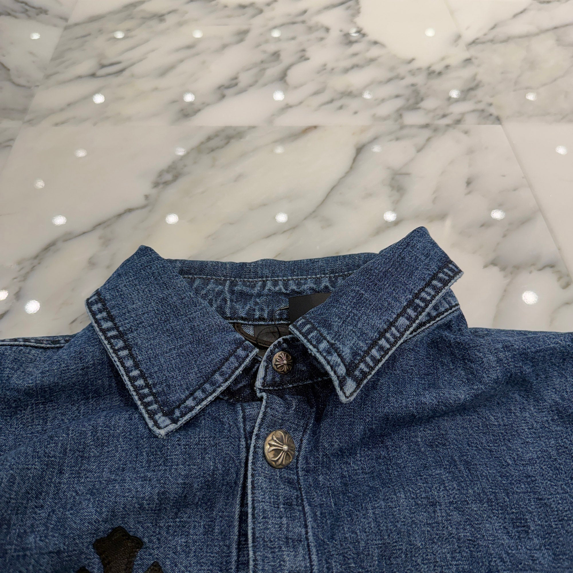 CHROME HEARTS Y NOT Leather Cross Patch Denim Shirt Size M クロムハーツ ワイノット レザークロスパッチ デニムシャツ サイズM