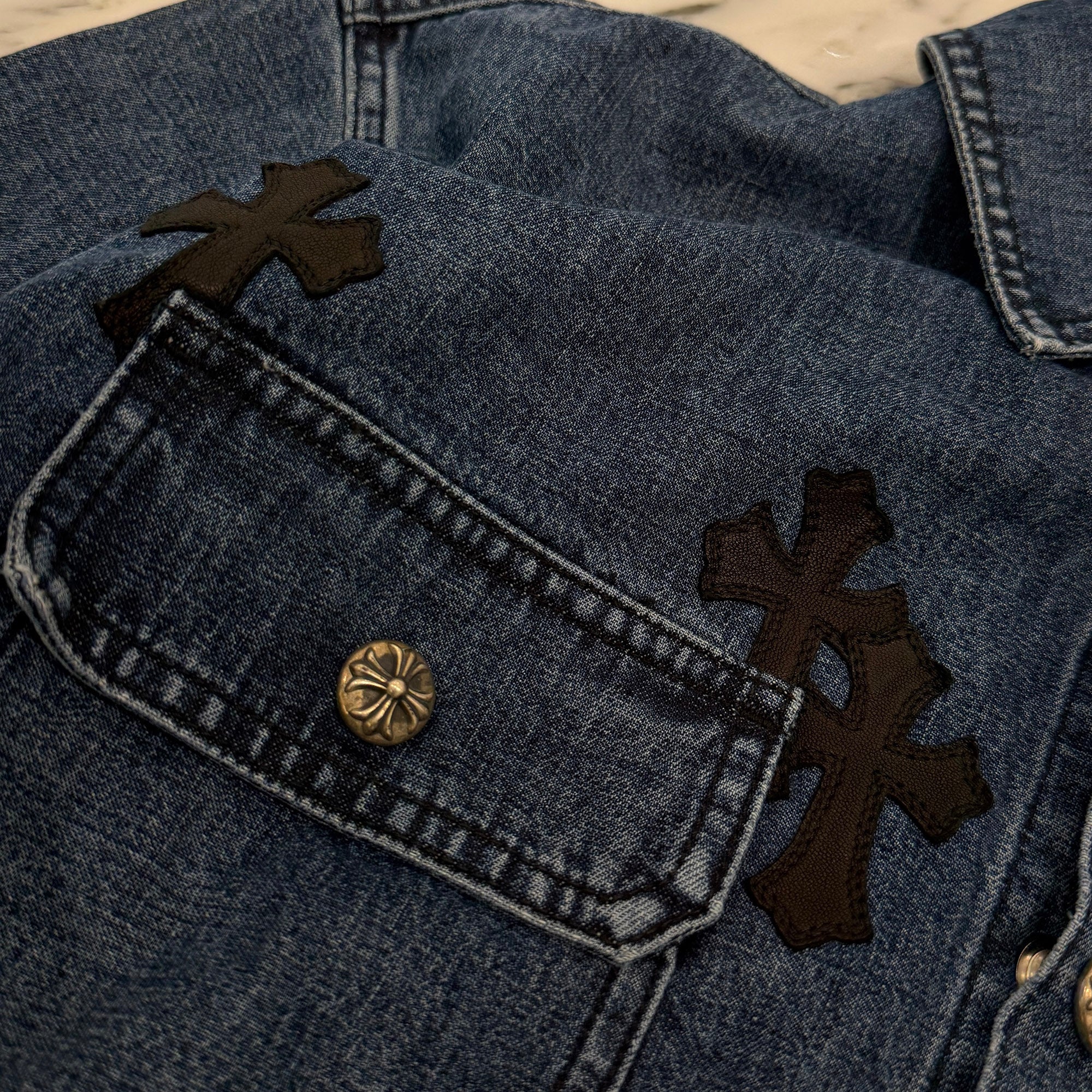 CHROME HEARTS Y NOT Leather Cross Patch Denim Shirt Size M クロムハーツ ワイノット レザークロスパッチ デニムシャツ サイズM