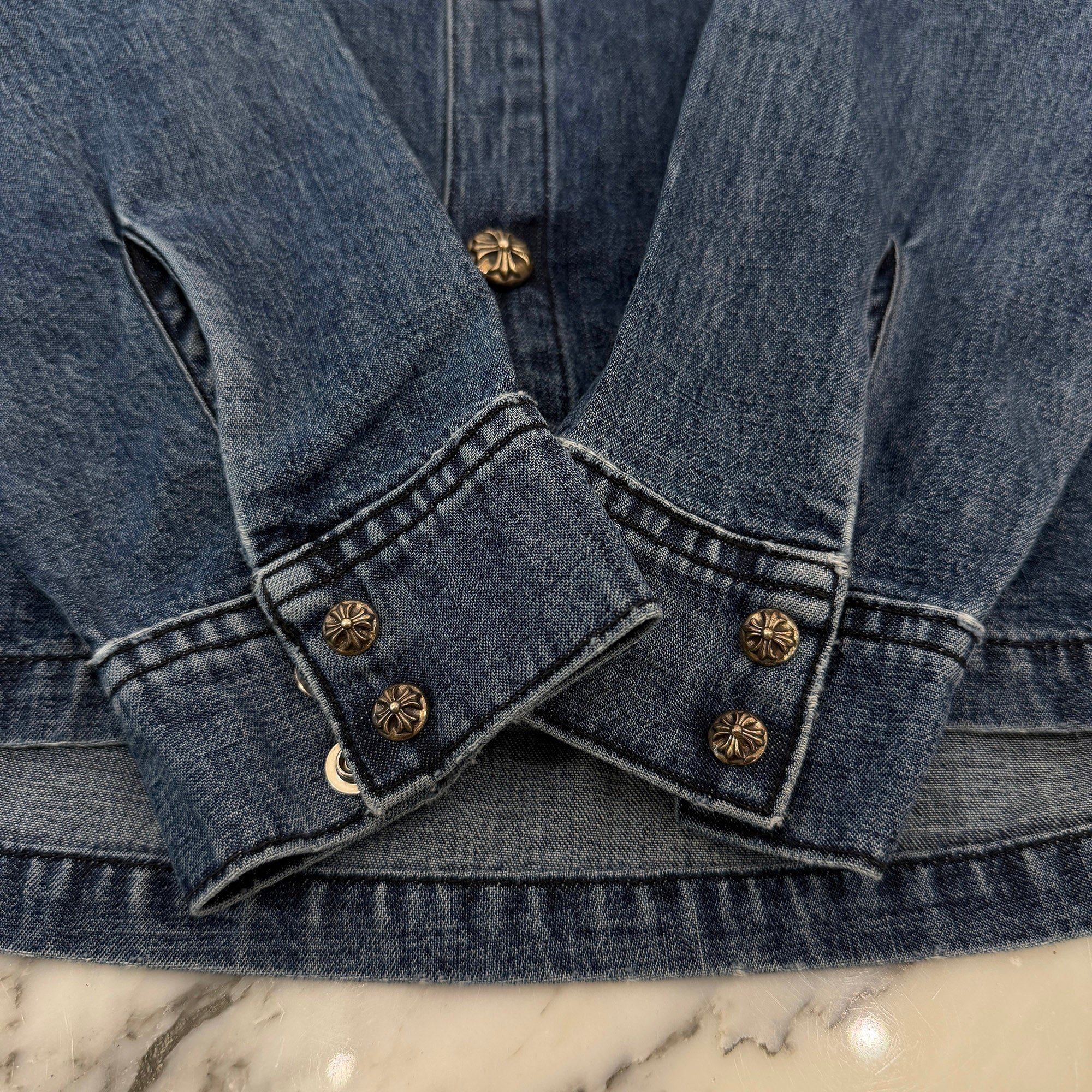 CHROME HEARTS Y NOT Leather Cross Patch Denim Shirt Size M クロムハーツ ワイノット レザークロスパッチ デニムシャツ サイズM