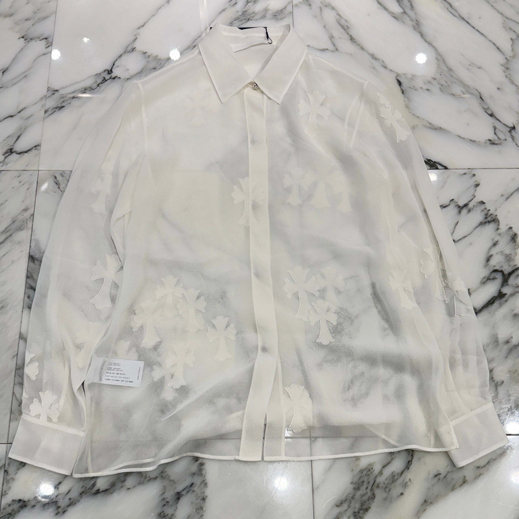 CHROME HEARTS SOFT FOCUS Cemetery Cross Silk Patch Sheer Shirt Size XS クロムハーツ ソフトフォーカス セメタリークロス シルクパッチ シアーシャツ サイズXS
