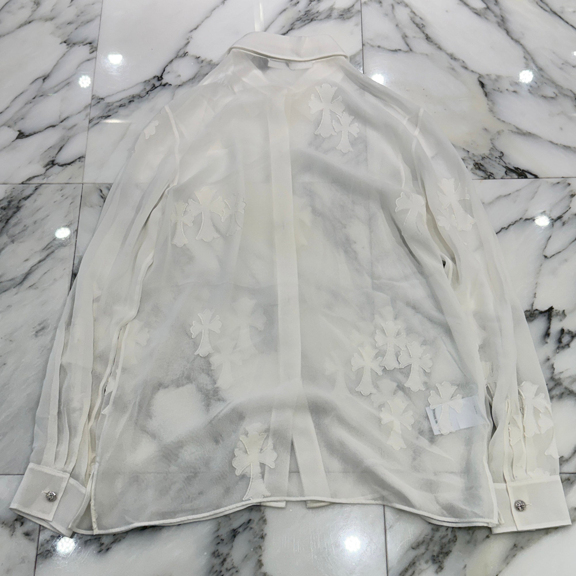 CHROME HEARTS SOFT FOCUS Cemetery Cross Silk Patch Sheer Shirt Size XS クロムハーツ ソフトフォーカス セメタリークロス シルクパッチ シアーシャツ サイズXS