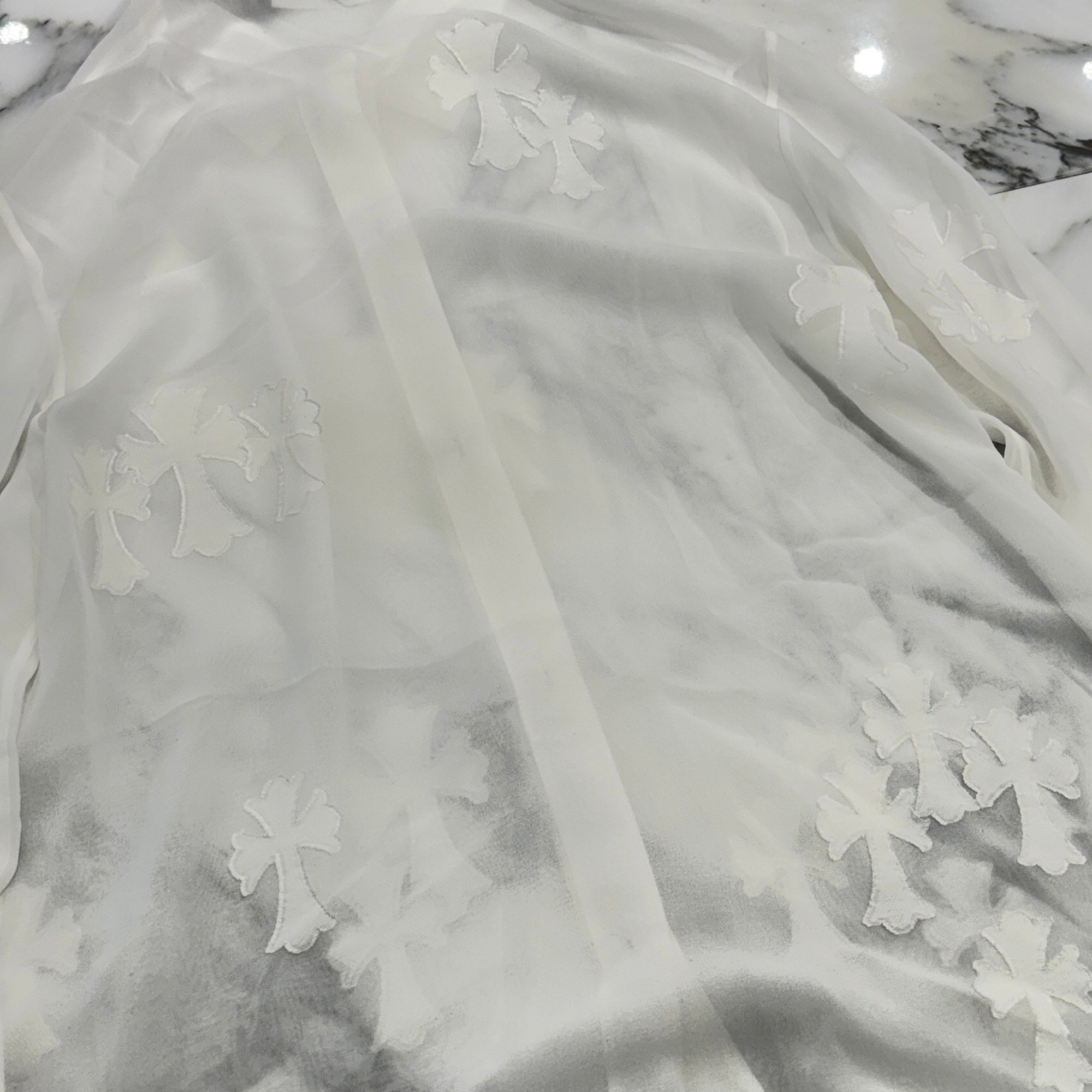 CHROME HEARTS SOFT FOCUS Cemetery Cross Silk Patch Sheer Shirt Size XS クロムハーツ ソフトフォーカス セメタリークロス シルクパッチ シアーシャツ サイズXS