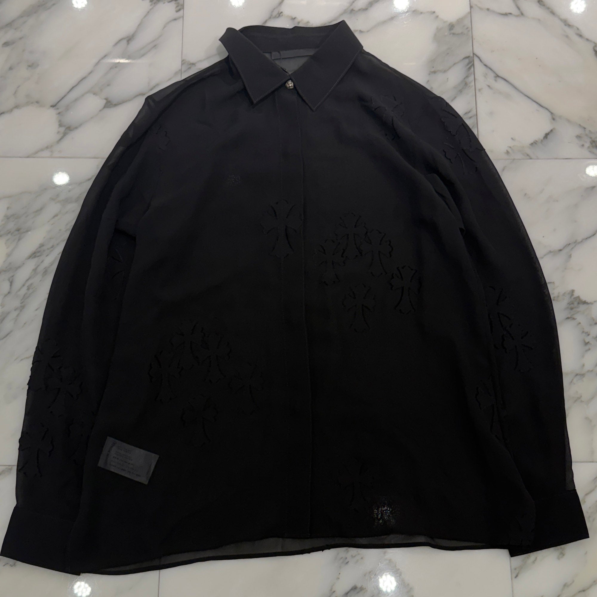 CHROME HEARTS SOFT FOCUS Cemetery Cross Silk Patch Sheer Shirt Size S クロムハーツ ソフトフォーカス セメタリークロス シルクパッチ シアーシャツ サイズS