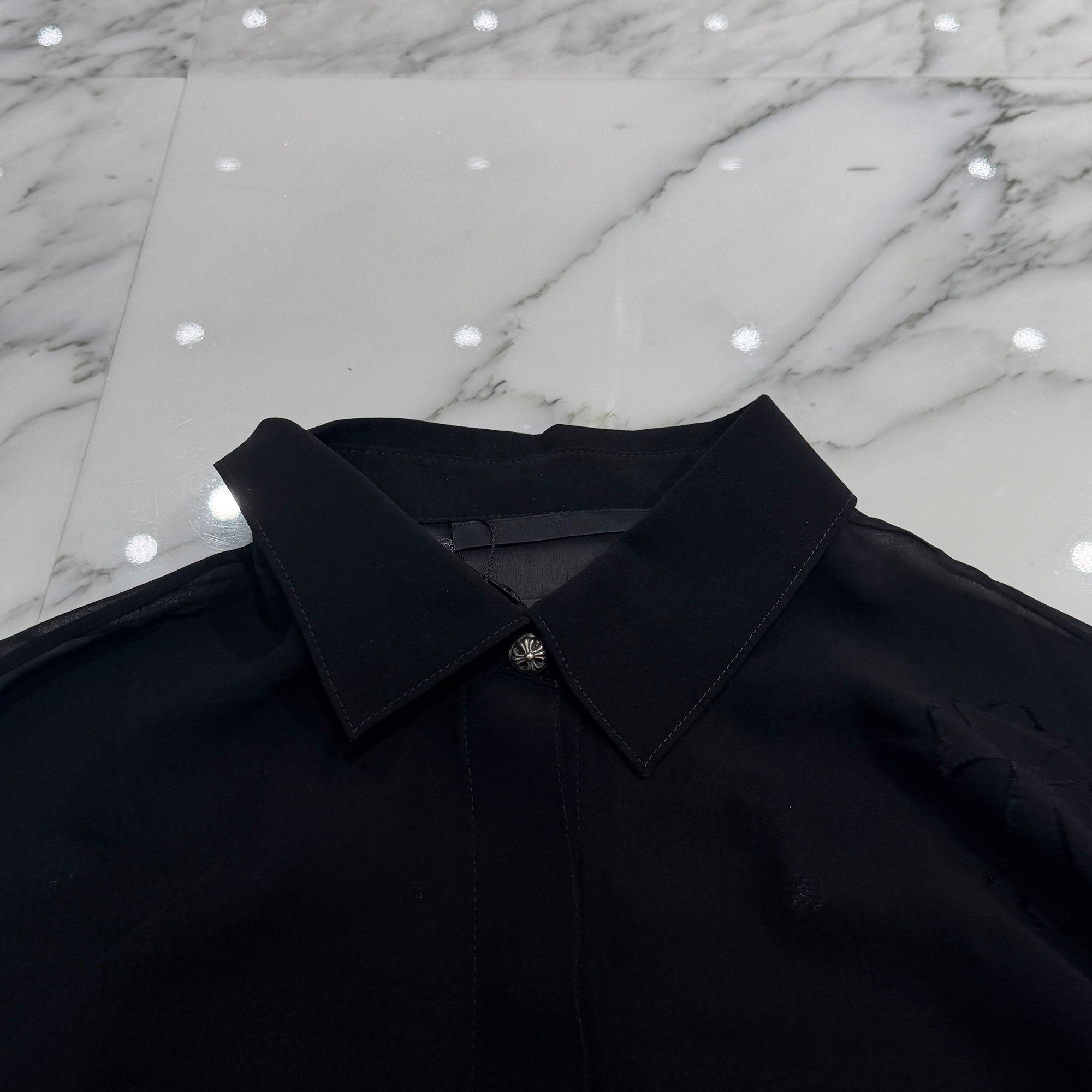 CHROME HEARTS SOFT FOCUS Cemetery Cross Silk Patch Sheer Shirt Size S クロムハーツ ソフトフォーカス セメタリークロス シルクパッチ シアーシャツ サイズS