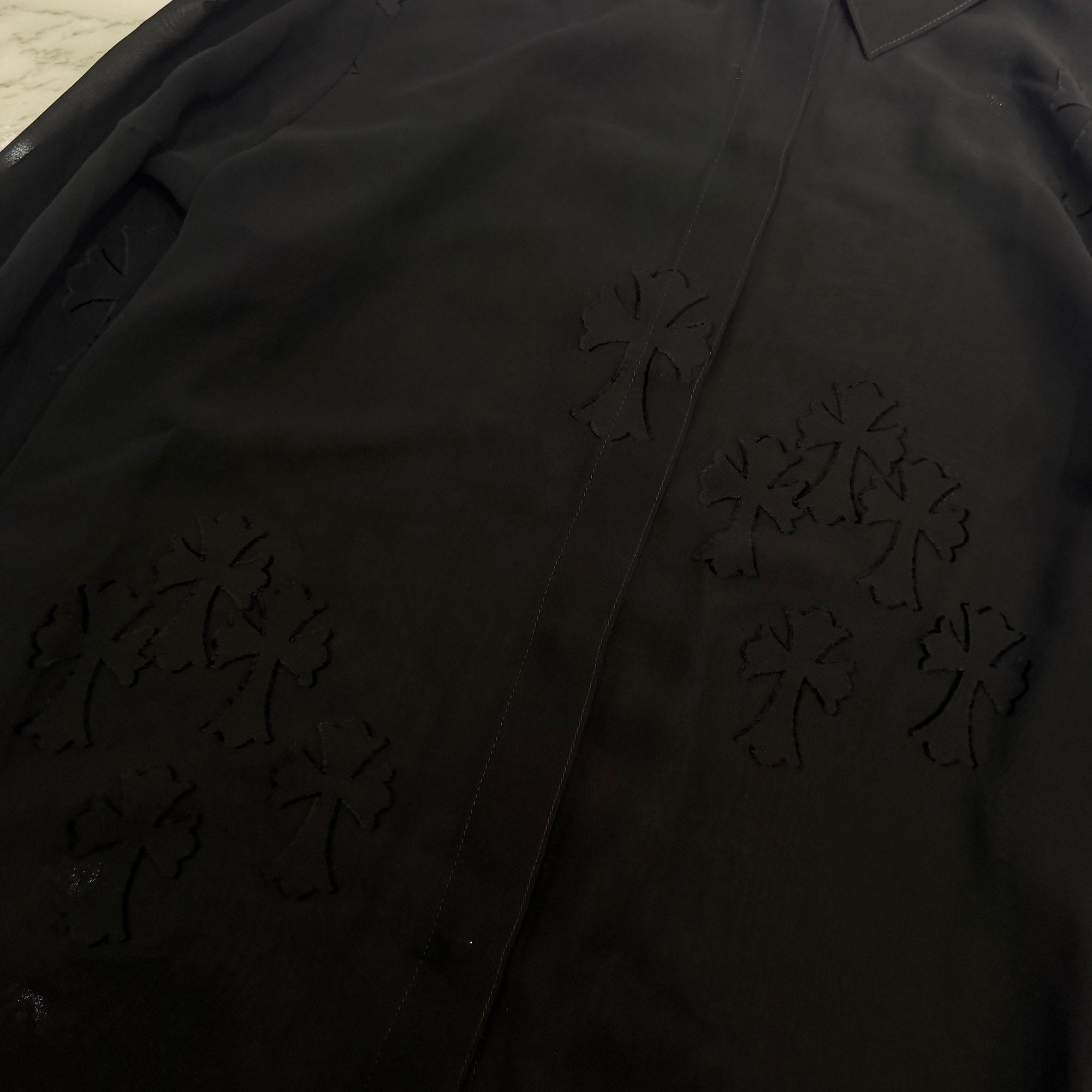 CHROME HEARTS SOFT FOCUS Cemetery Cross Silk Patch Sheer Shirt Size S クロムハーツ ソフトフォーカス セメタリークロス シルクパッチ シアーシャツ サイズS