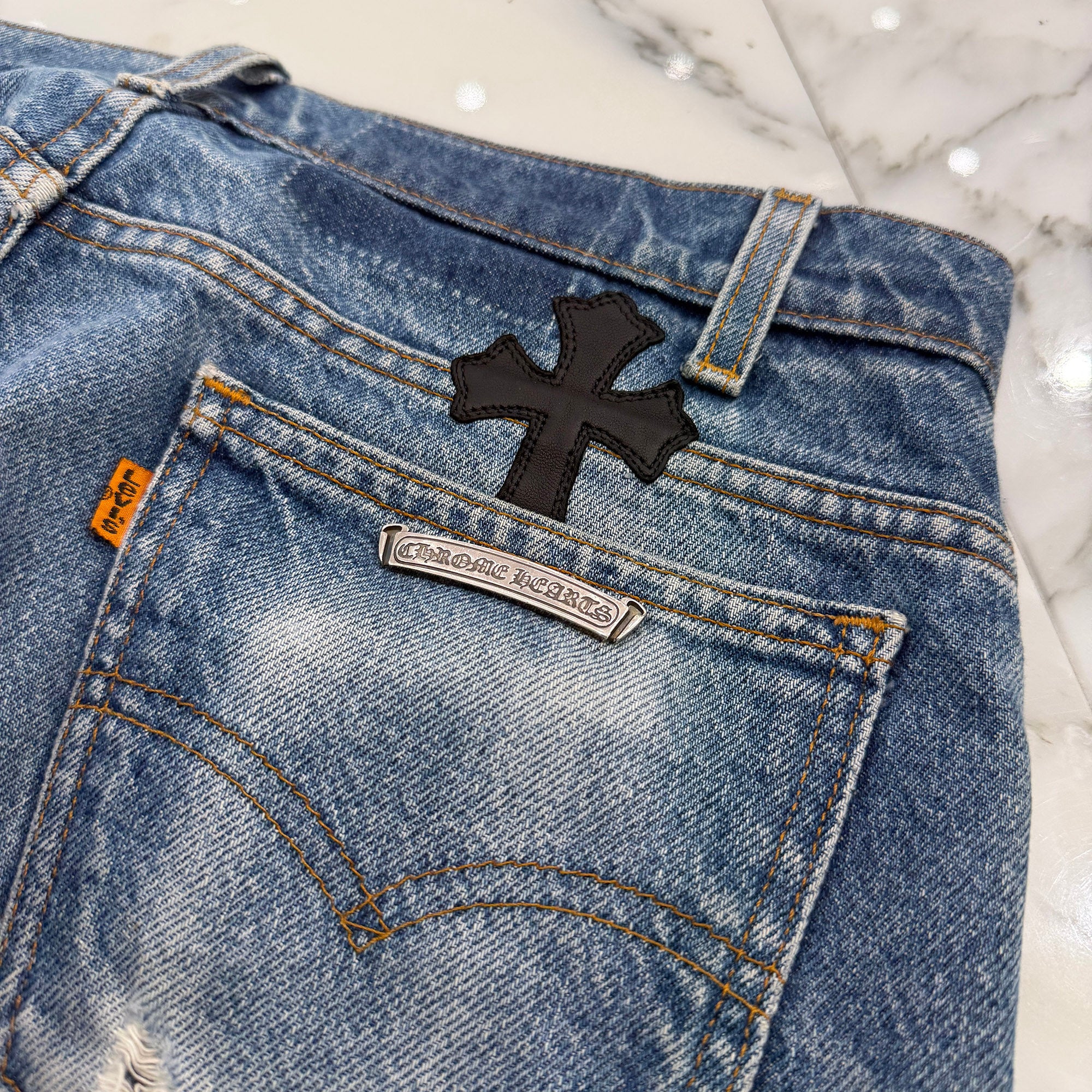 CHROME HEARTS × Levi's VNTG Leather Cross Patch Denim Pants Size 29 クロムハーツ × リーバイス ヴィンテージ レザークロスパッチ デニムパンツ サイズ29