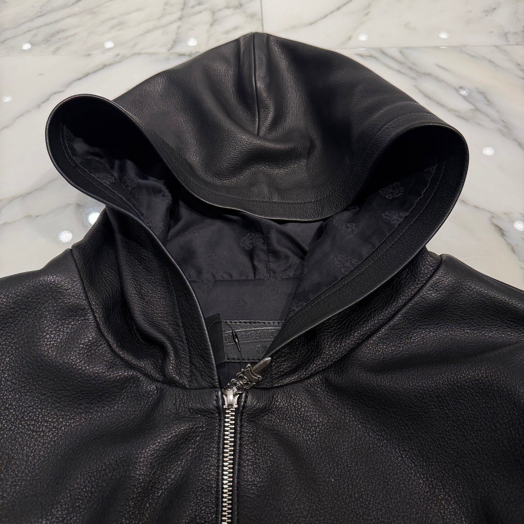 CHROME HEARTS Arm Logo Patch Leather Zip Up Hoodie Size S クロムハーツ アームロゴパッチ レザー ジップ アップ フーディー サイズS