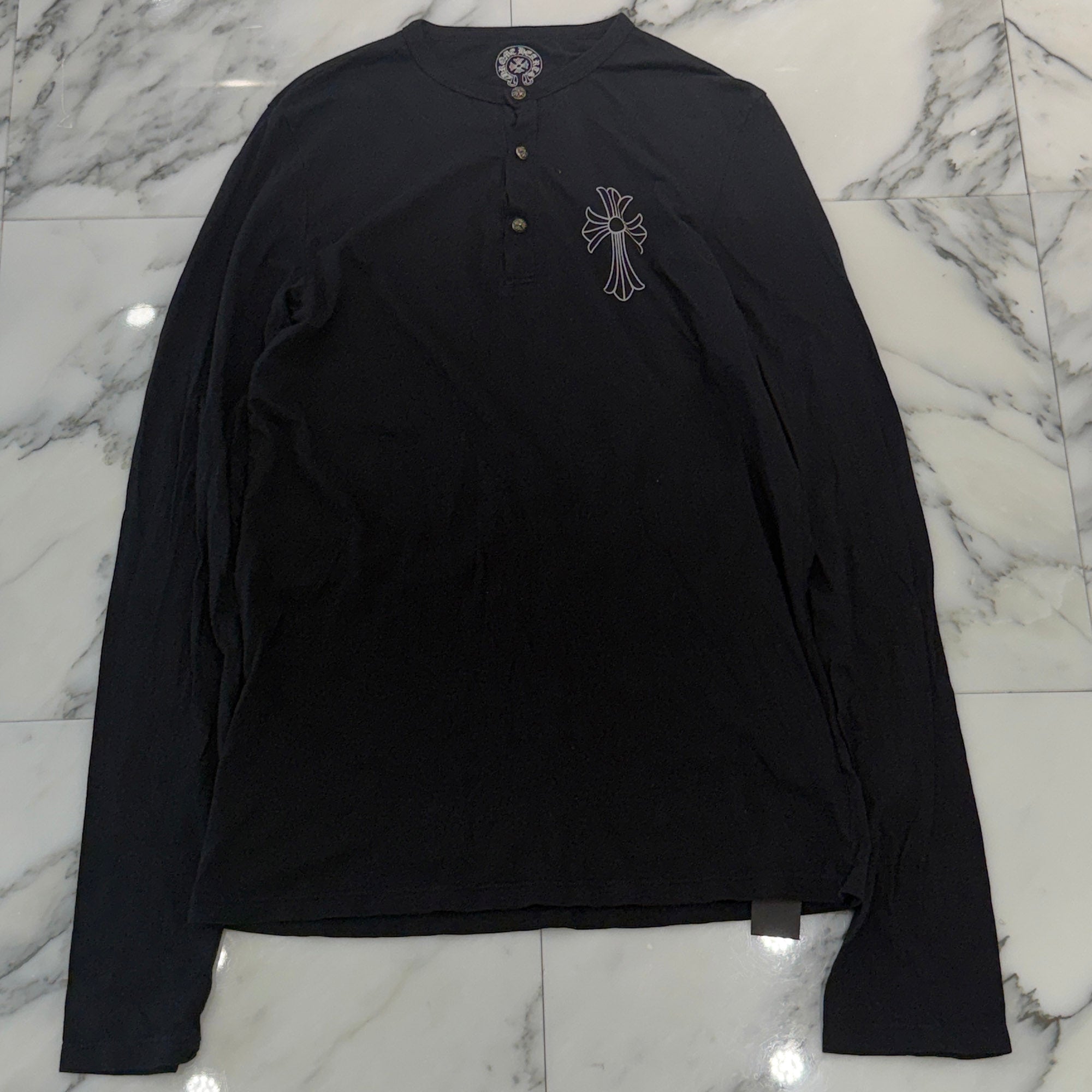 CHROME HEARTS Cross Ball Button CH Cross Print Henry Neck Long Sleeve Tee Size S クロムハーツ クロスボールボタン CHクロス プリント ヘンリーネック ロングスリーブ Tシャツ サイズS