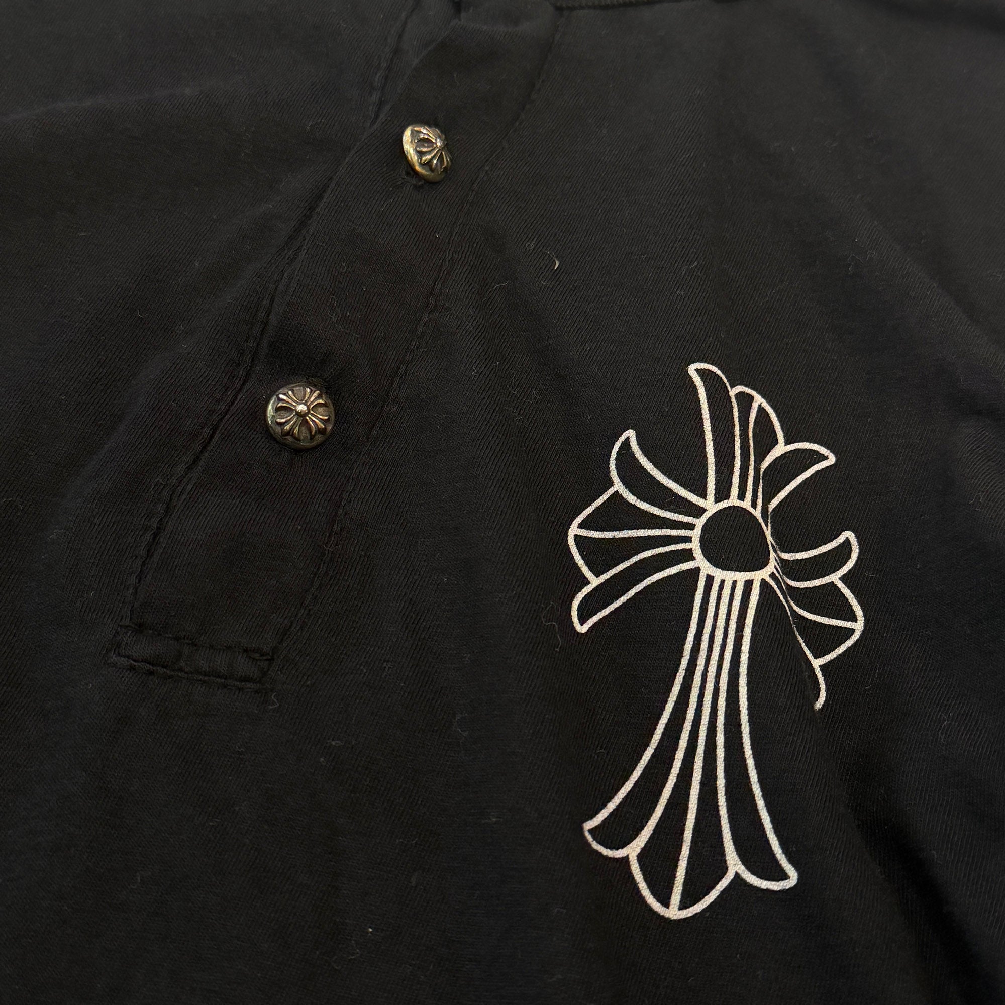CHROME HEARTS Cross Ball Button CH Cross Print Henry Neck Long Sleeve Tee Size S クロムハーツ クロスボールボタン CHクロス プリント ヘンリーネック ロングスリーブ Tシャツ サイズS