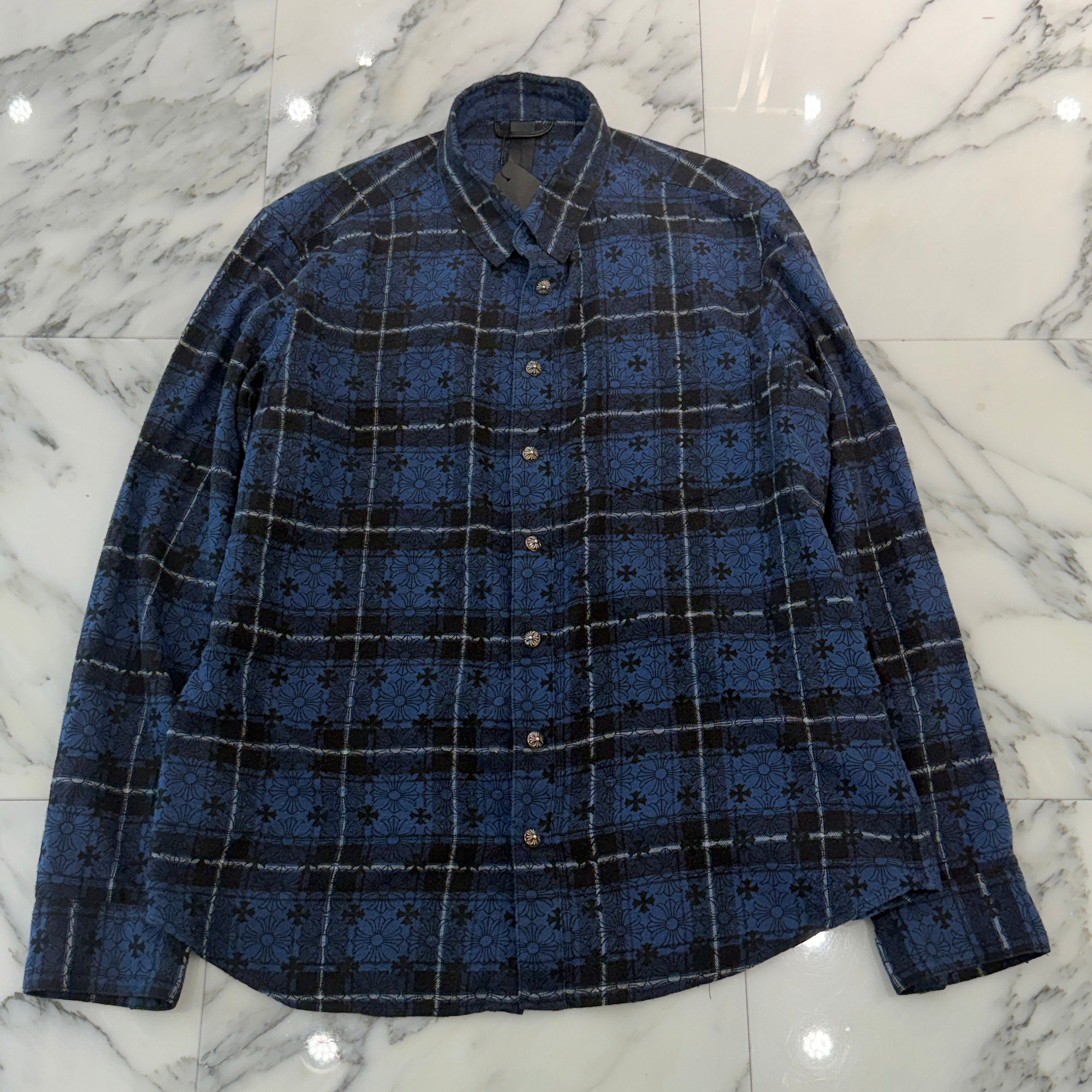 CHROME HEARTS Loose Ends Cross Leather Patch Check Shirt Size XL クロムハーツ ルーズエンド クロスレザーパッチ チェック シャツ サイズXL