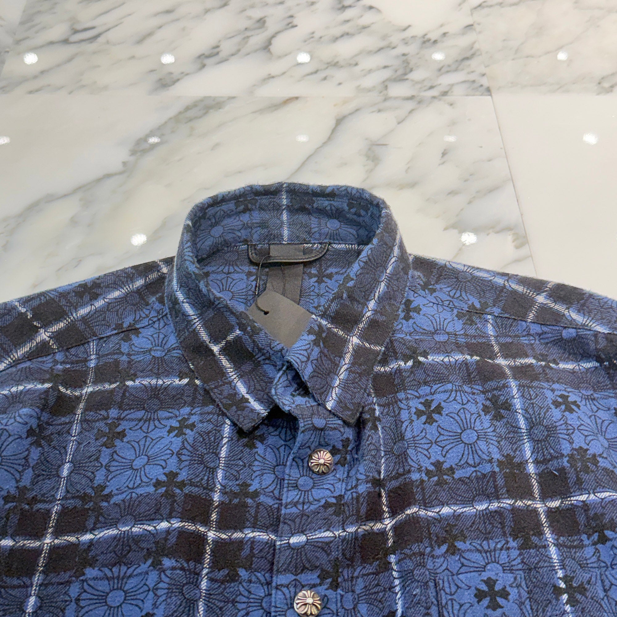 CHROME HEARTS Loose Ends Cross Leather Patch Check Shirt Size XL クロムハーツ ルーズエンド クロスレザーパッチ チェック シャツ サイズXL
