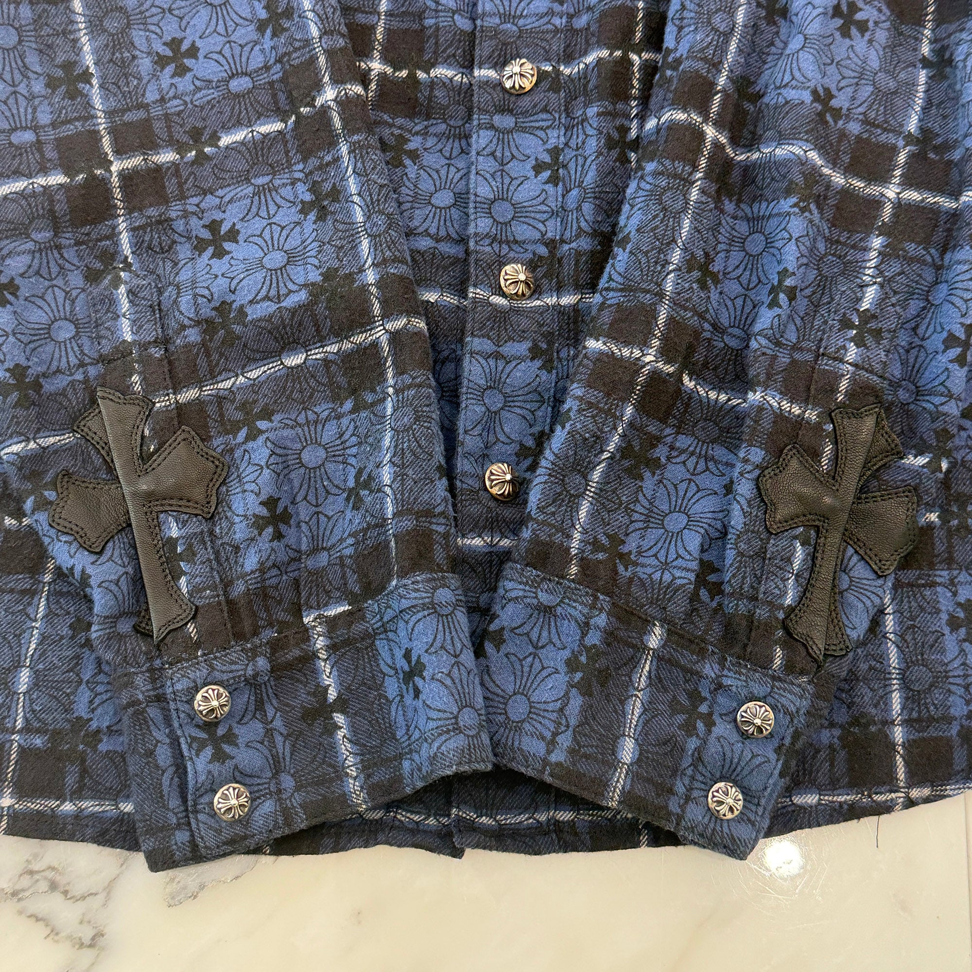 CHROME HEARTS Loose Ends Cross Leather Patch Check Shirt Size XL クロムハーツ ルーズエンド クロスレザーパッチ チェック シャツ サイズXL