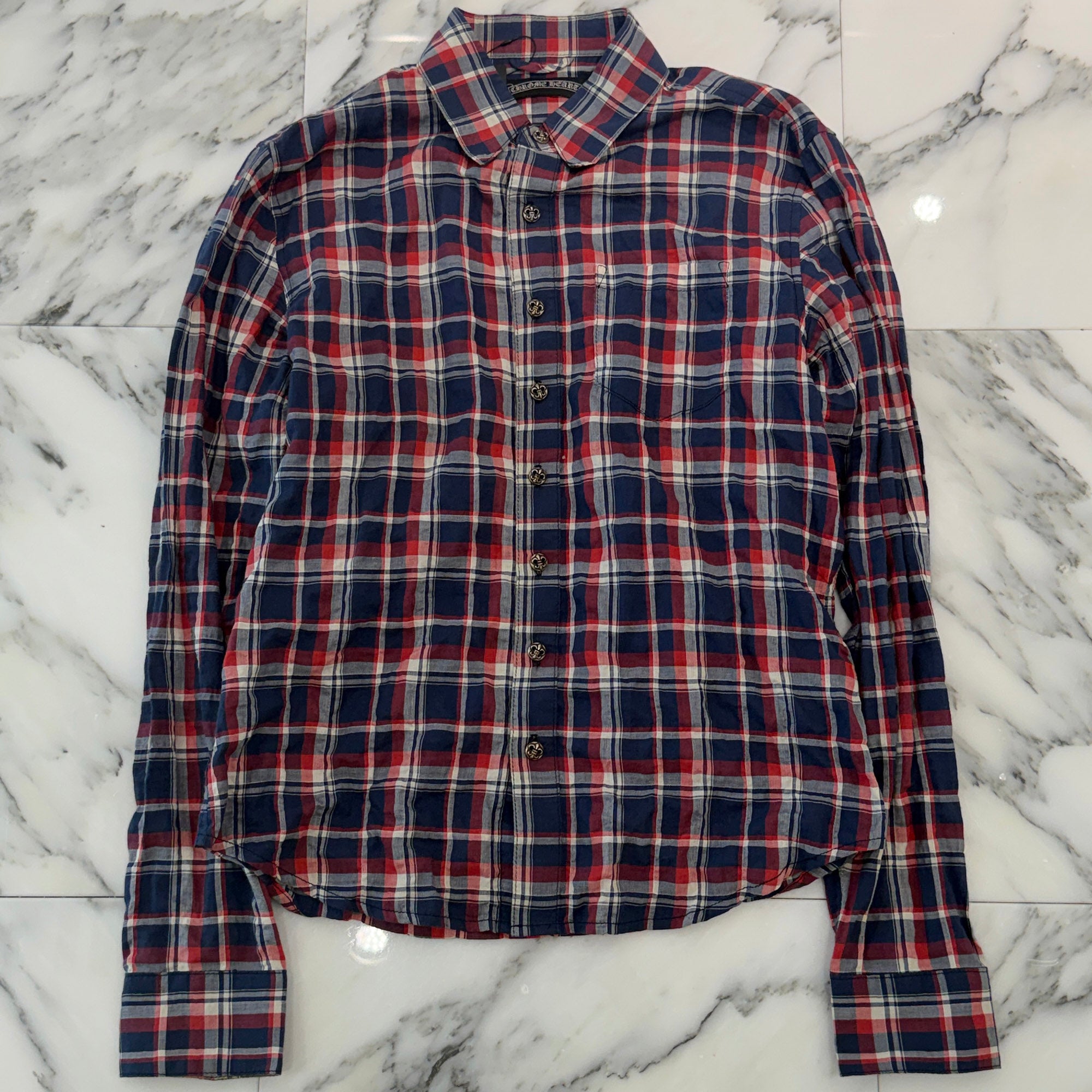CHROME HEARTS BS Flare Button Flare Leather Patch Check Shirt Size SM クロムハーツ BSフレアボタン フレアレザーパッチ チェックシャツ サイズSM