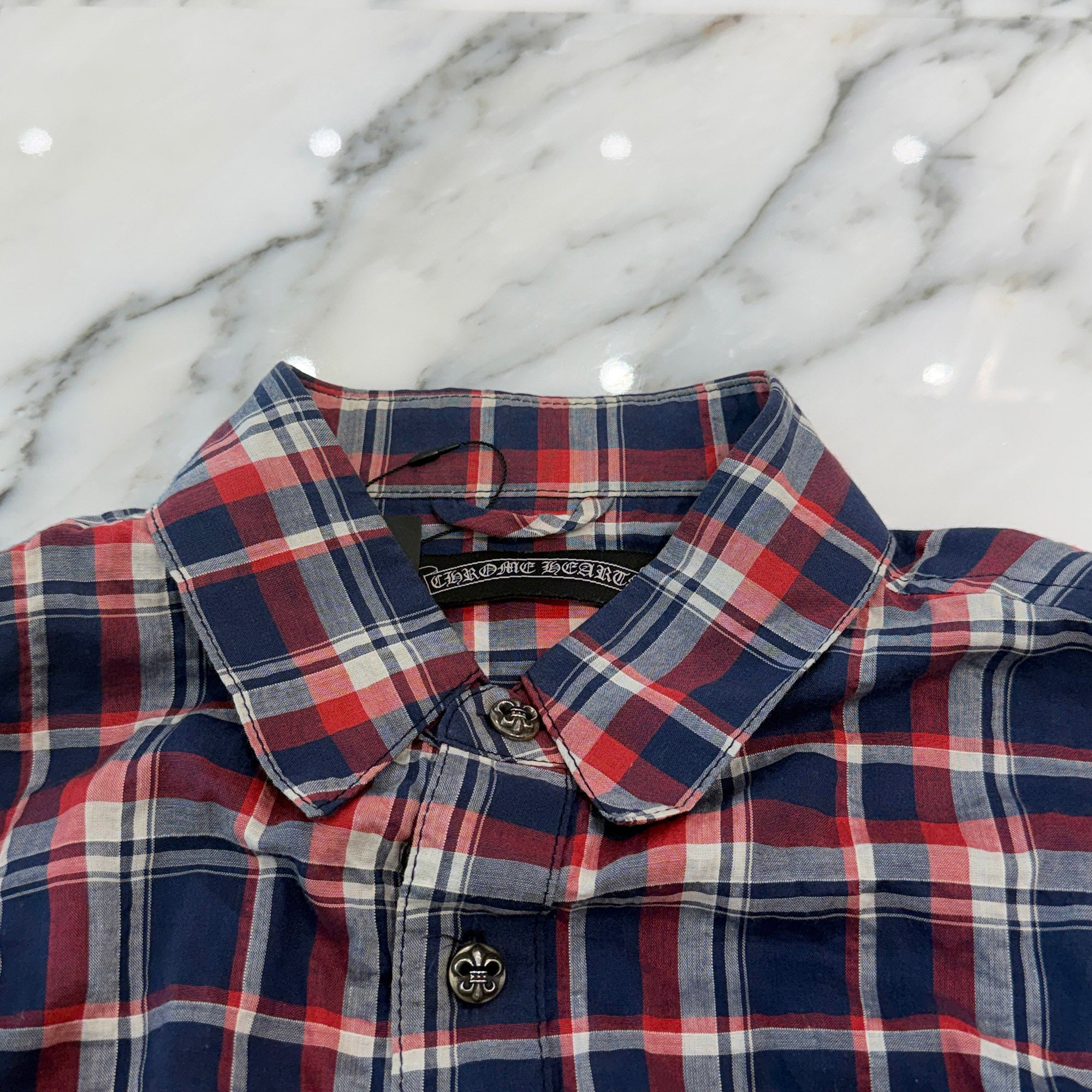 CHROME HEARTS BS Flare Button Flare Leather Patch Check Shirt Size SM クロムハーツ BSフレアボタン フレアレザーパッチ チェックシャツ サイズSM