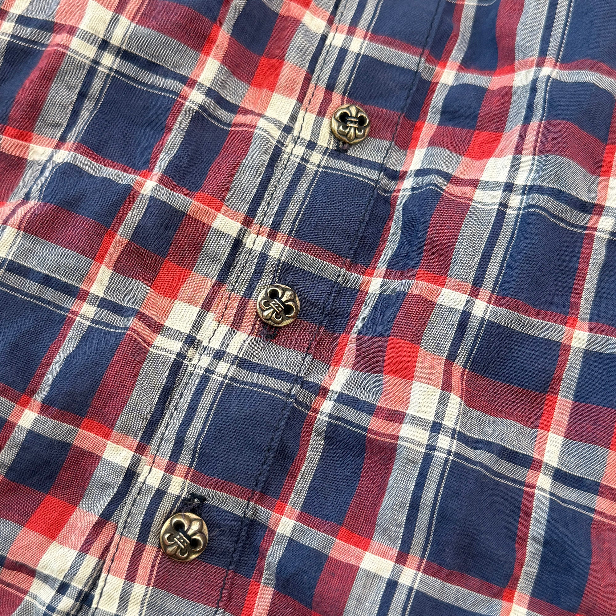 CHROME HEARTS BS Flare Button Flare Leather Patch Check Shirt Size SM クロムハーツ BSフレアボタン フレアレザーパッチ チェックシャツ サイズSM