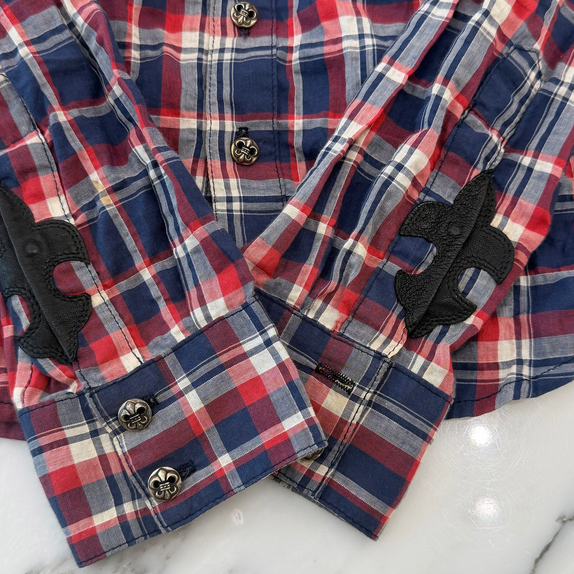 CHROME HEARTS BS Flare Button Flare Leather Patch Check Shirt Size SM クロムハーツ BSフレアボタン フレアレザーパッチ チェックシャツ サイズSM