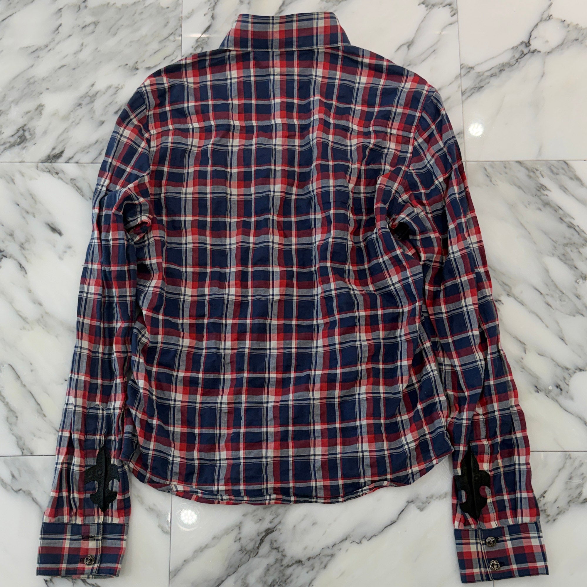 CHROME HEARTS BS Flare Button Flare Leather Patch Check Shirt Size SM クロムハーツ BSフレアボタン フレアレザーパッチ チェックシャツ サイズSM
