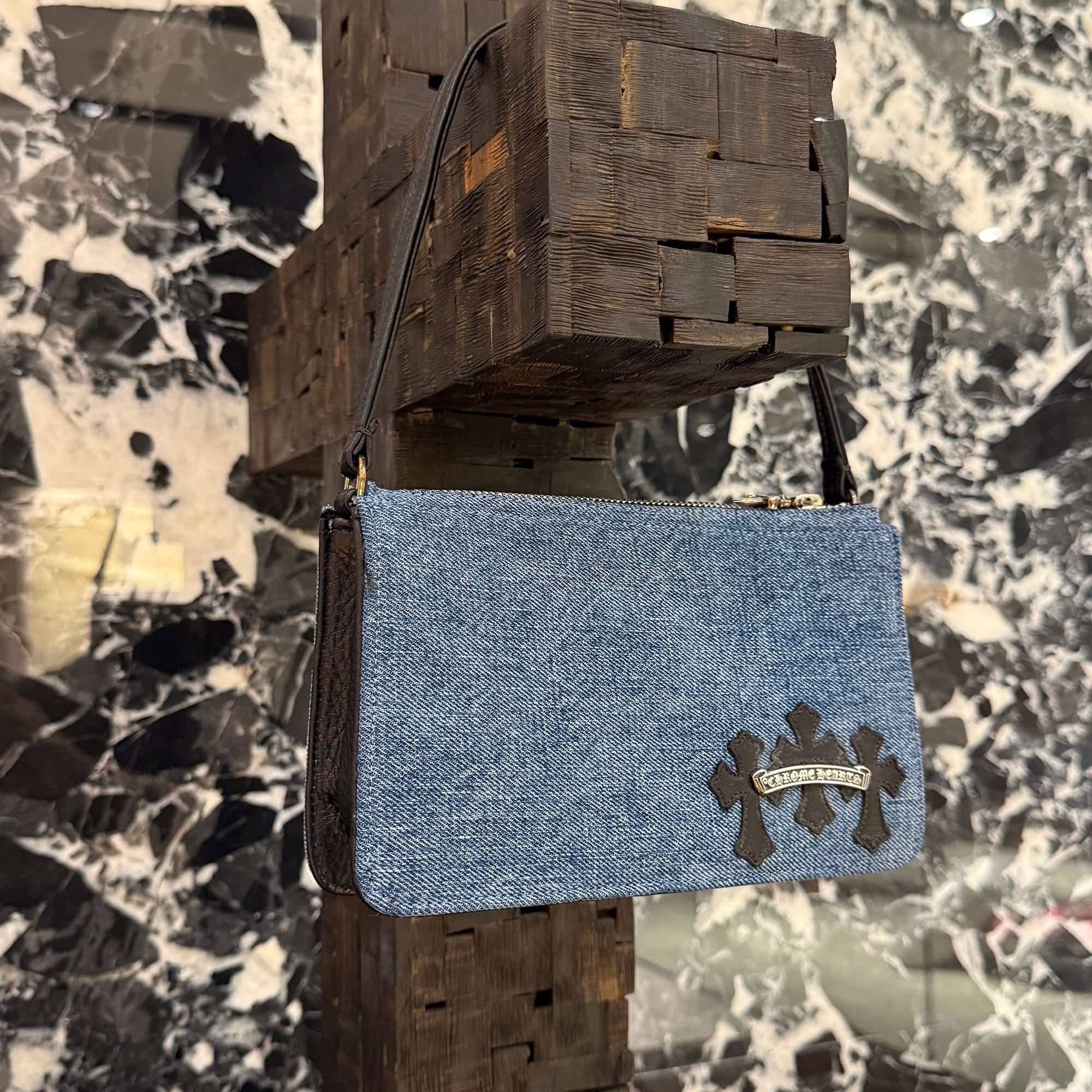 CHROME HEARTS The Night 3 Cemetery Cross Leather Patch Denim Hand Bag クロムハーツ ザ・ナイト 3セメタリークロスレザーパッチ デニム ハンドバッグ