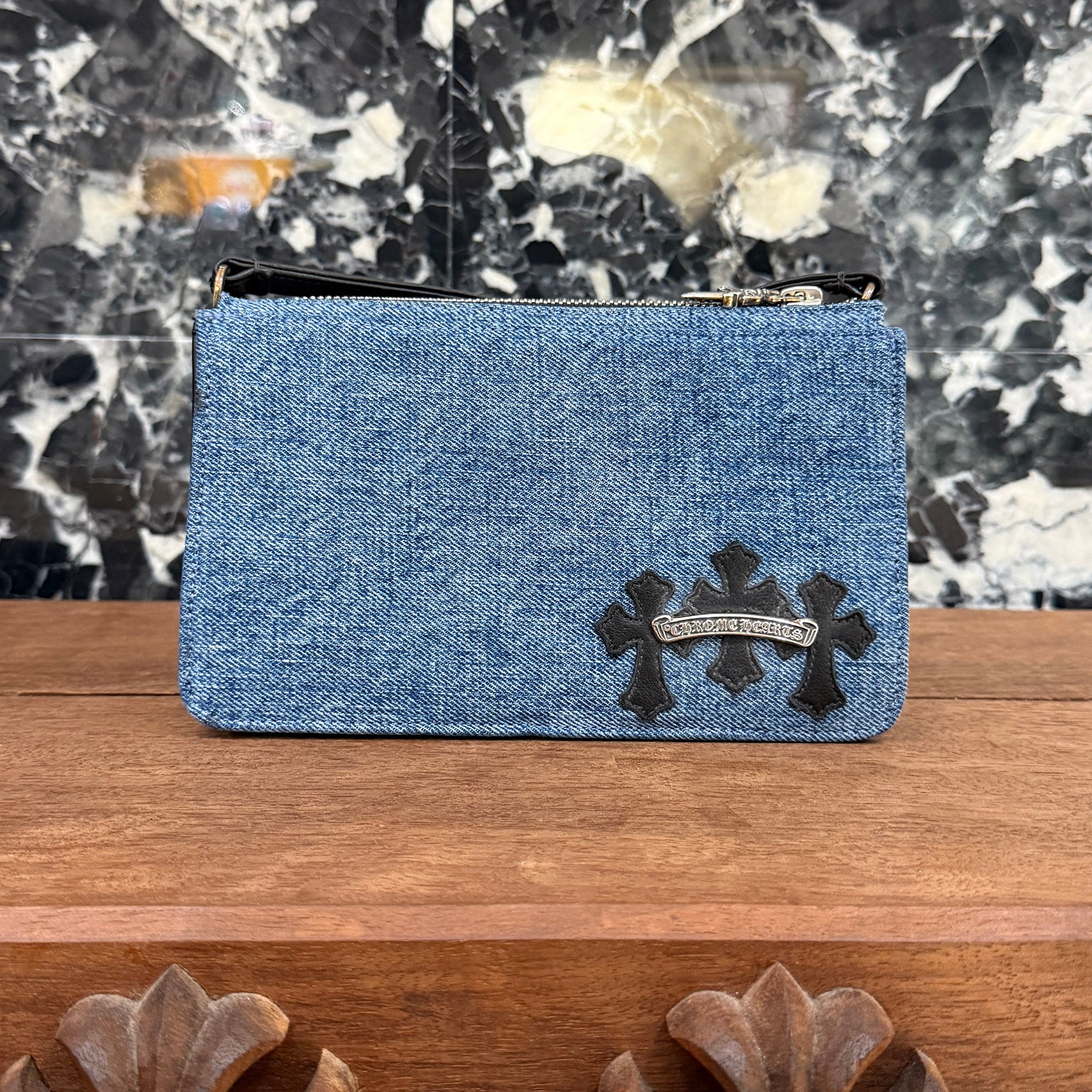 CHROME HEARTS The Night 3 Cemetery Cross Leather Patch Denim Hand Bag クロムハーツ ザ・ナイト 3セメタリークロスレザーパッチ デニム ハンドバッグ