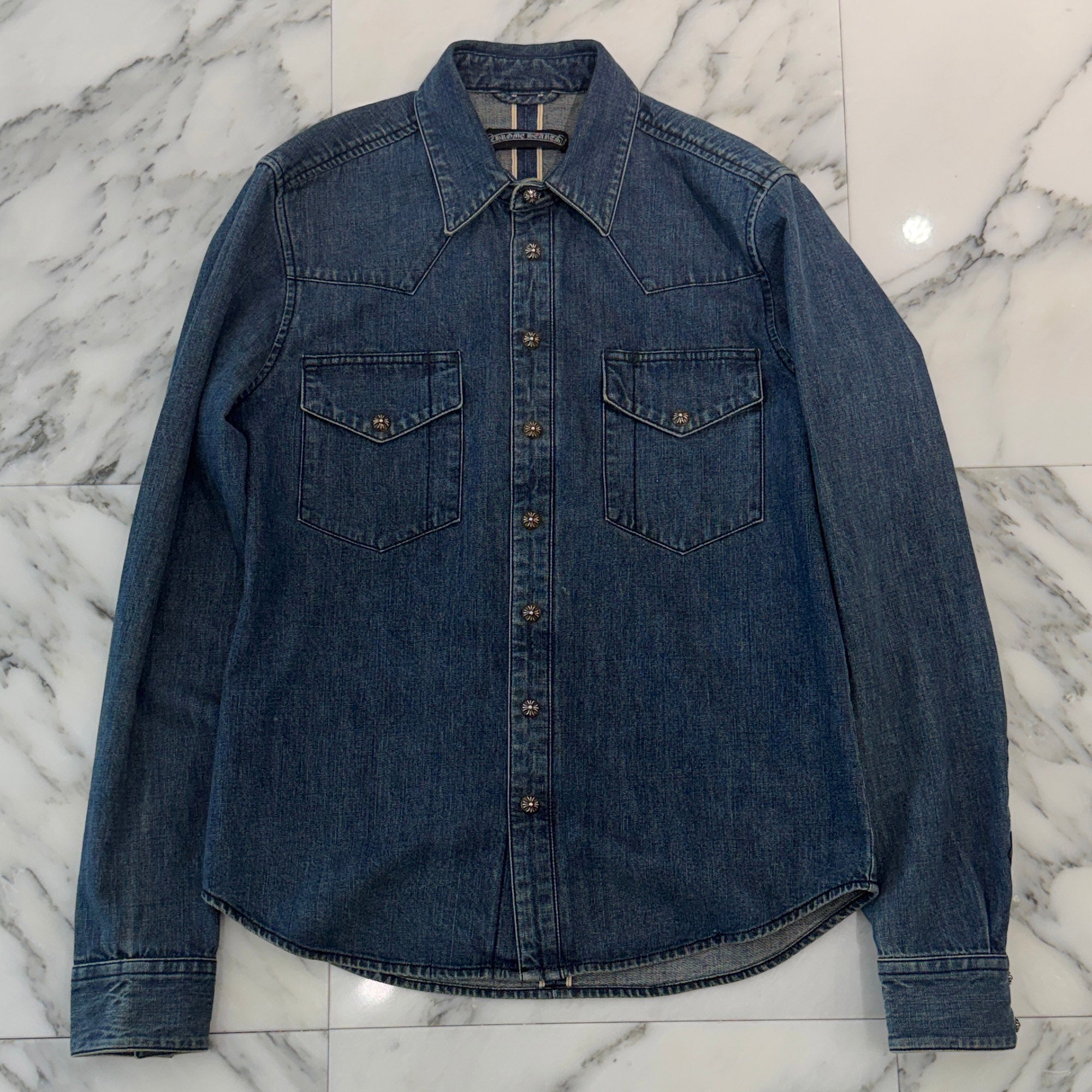 CHROME HEARTS Leather Cross Patch Western Denim Shirt Size SM クロムハーツ オールド レザー クロスパッチ ウェスタン デニムシャツ サイズSM