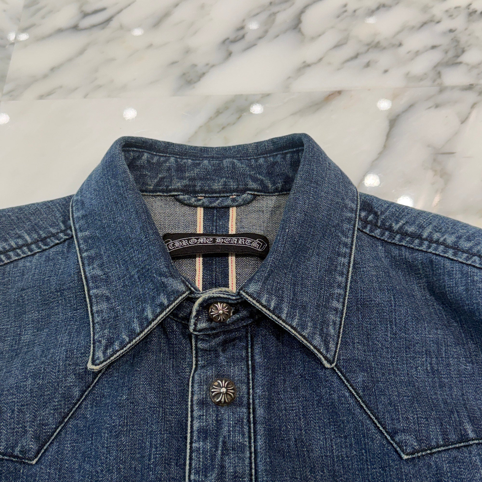 CHROME HEARTS Leather Cross Patch Western Denim Shirt Size SM クロムハーツ オールド レザー クロスパッチ ウェスタン デニムシャツ サイズSM