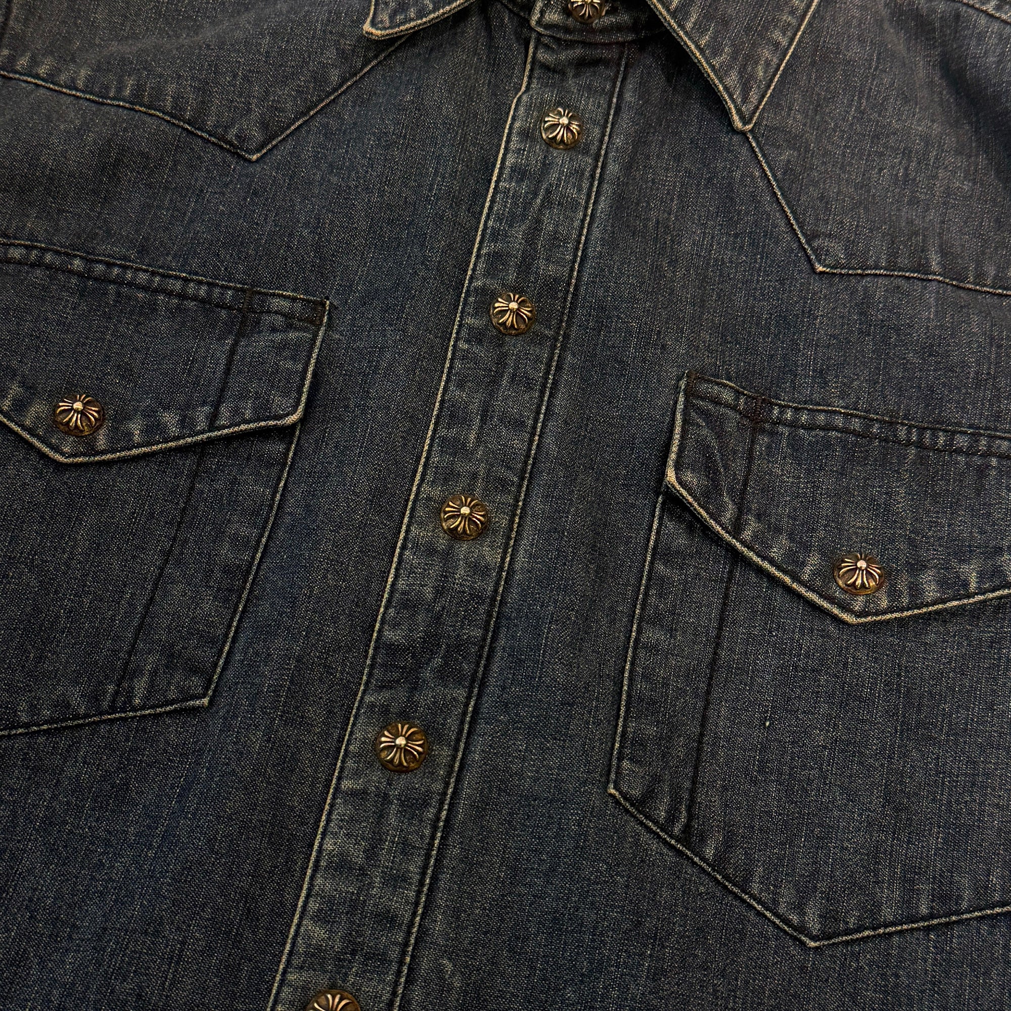 CHROME HEARTS Leather Cross Patch Western Denim Shirt Size SM クロムハーツ オールド レザー クロスパッチ ウェスタン デニムシャツ サイズSM