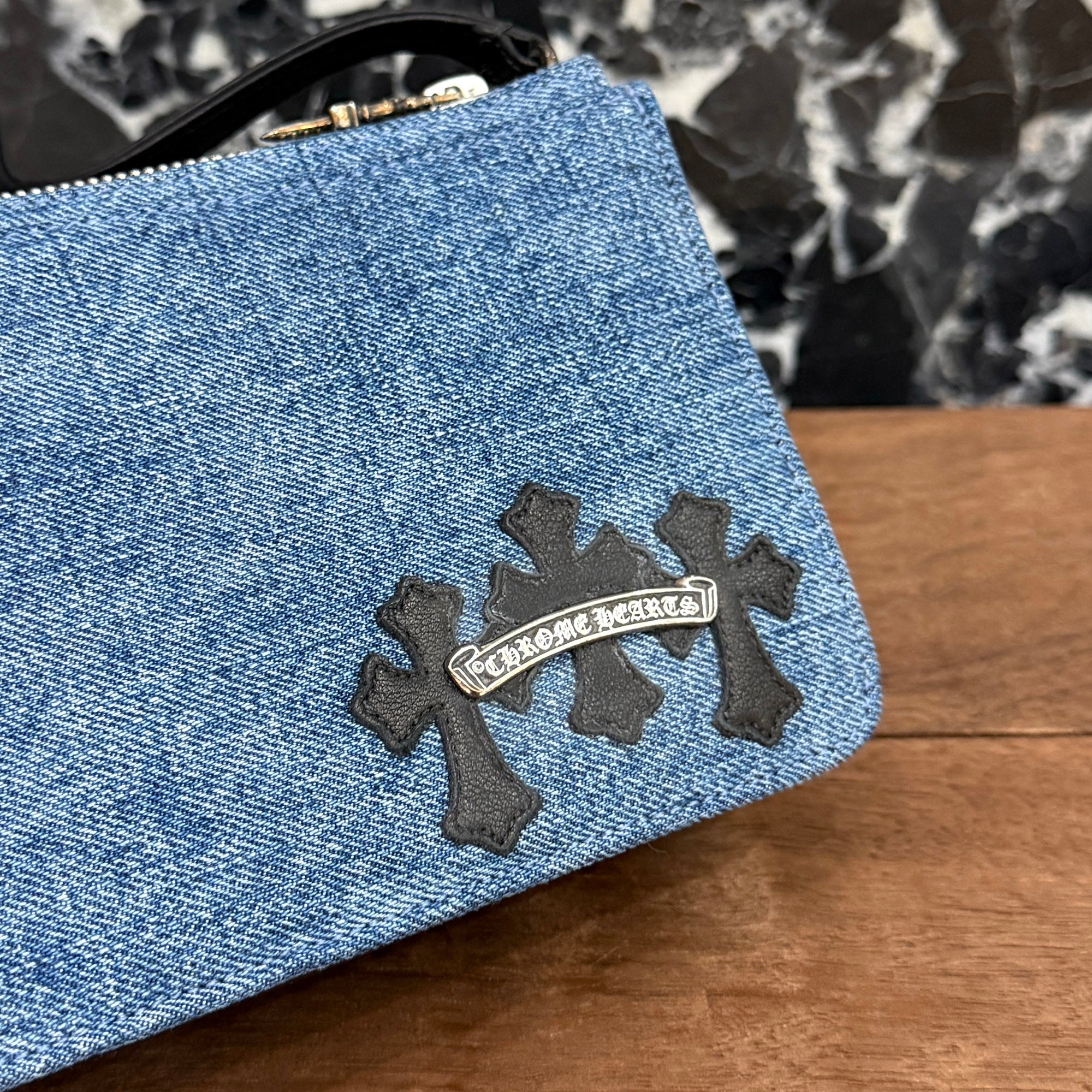 CHROME HEARTS The Night 3 Cemetery Cross Leather Patch Denim Hand Bag クロムハーツ ザ・ナイト 3セメタリークロスレザーパッチ デニム ハンドバッグ