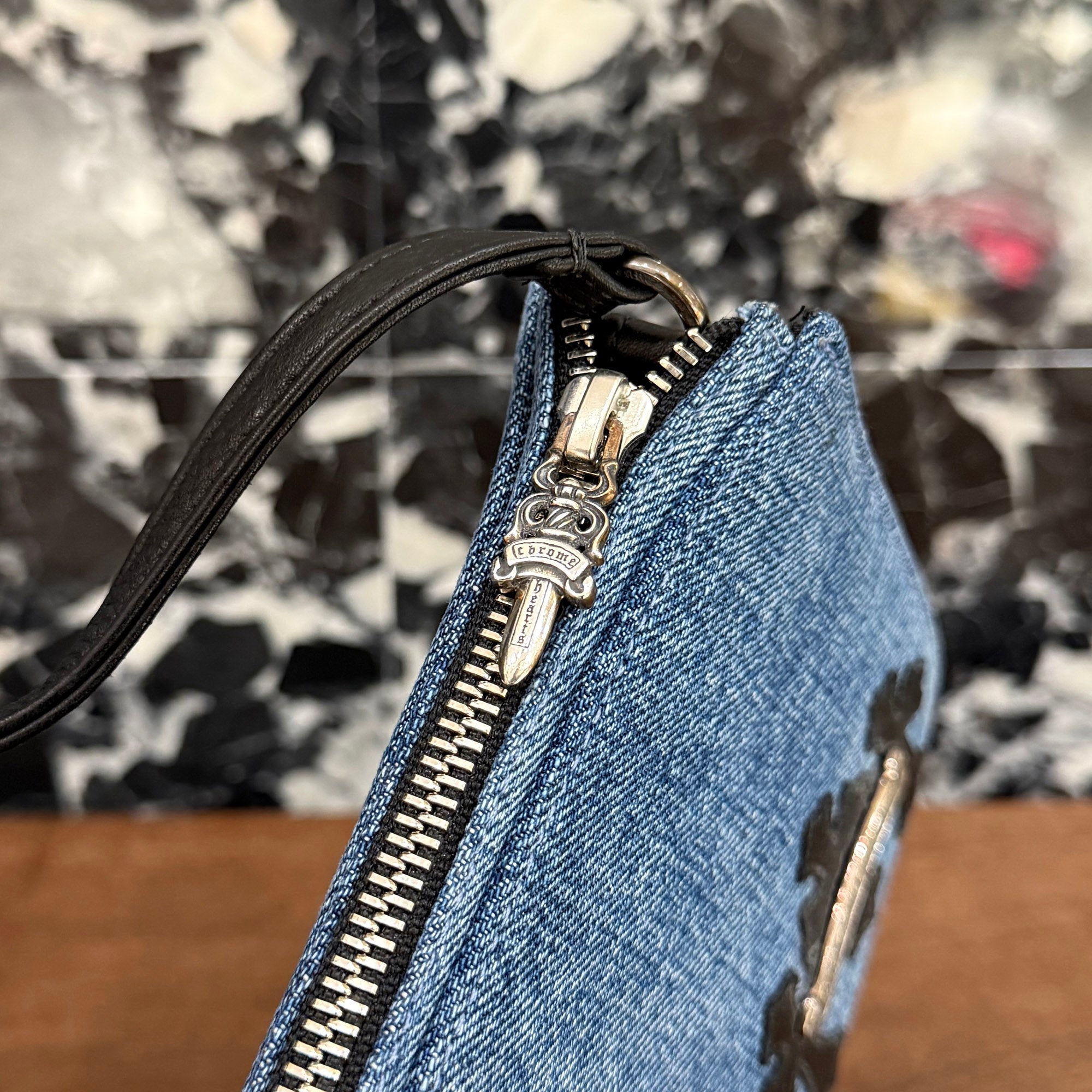 CHROME HEARTS The Night 3 Cemetery Cross Leather Patch Denim Hand Bag クロムハーツ ザ・ナイト 3セメタリークロスレザーパッチ デニム ハンドバッグ
