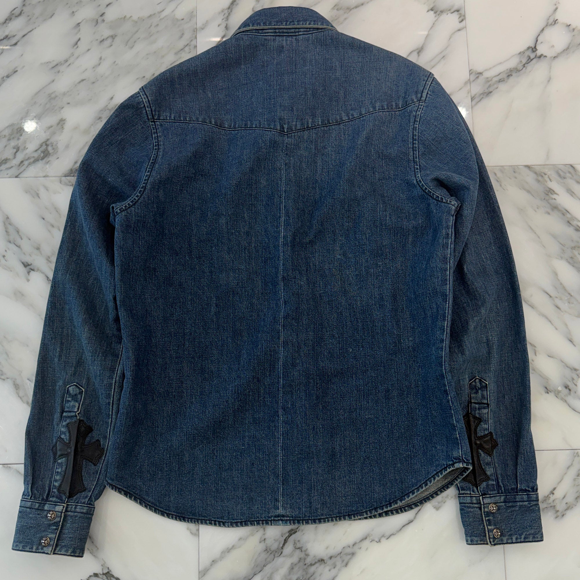 CHROME HEARTS Leather Cross Patch Western Denim Shirt Size SM クロムハーツ オールド レザー クロスパッチ ウェスタン デニムシャツ サイズSM