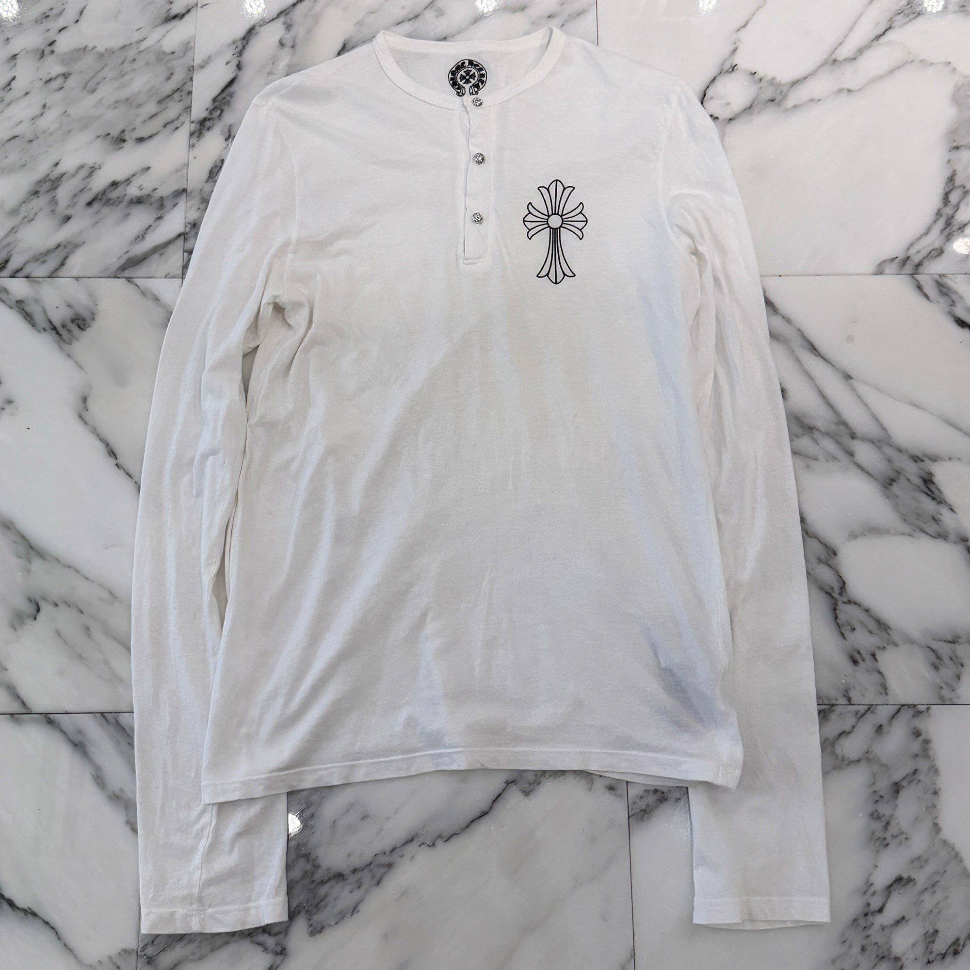 CHROME HEARTS Cross Ball Button CH Cross Print Henry Neck Long Sleeve Tee Size S クロムハーツ クロスボールボタン CHクロス プリント ヘンリーネック ロングスリーブ Tシャツ サイズS